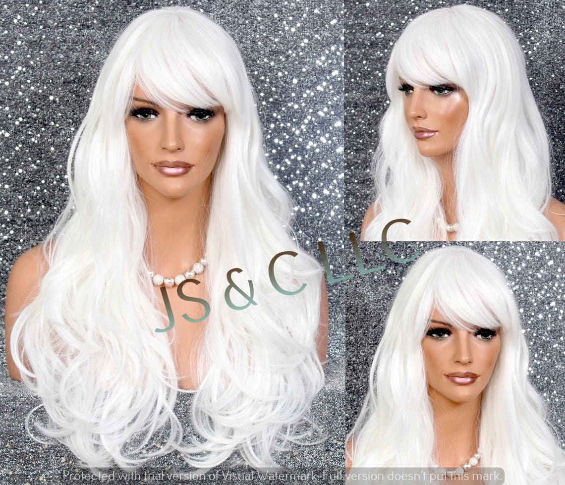 White Stunning Human Hair Blend Wig Long Layered Wavy Full Heat Resistant N Bangs Cancer/Alopecia/Cosplay/Anime