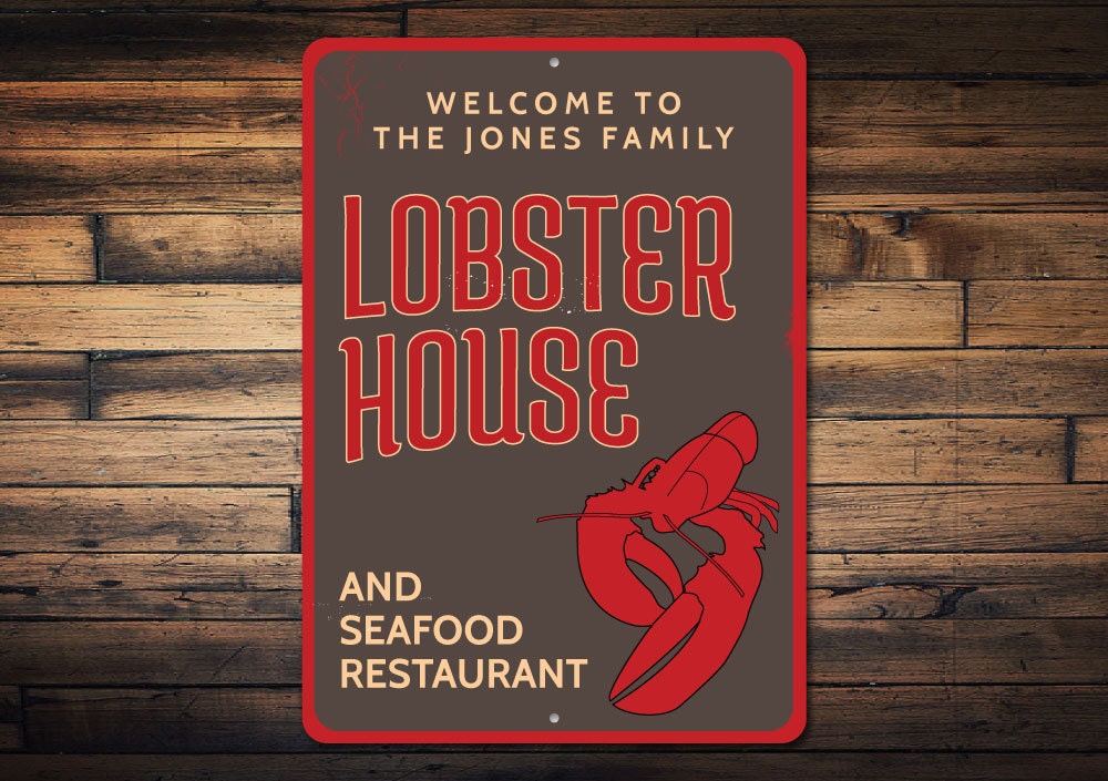 Welcome Lobster House Sign, Personalized Family Name Seafood Restaurant Gift, Custom Beach Kitchen Metal Decor - Novelty Aluminum Lobsters