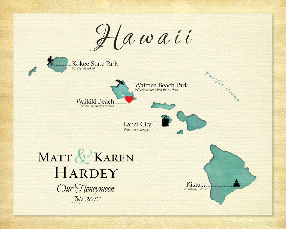Personalized Map Of Hawaii, Hawaii Art Gift, Wedding Anniversary Gift Idea, For Couple, Travel All Islands