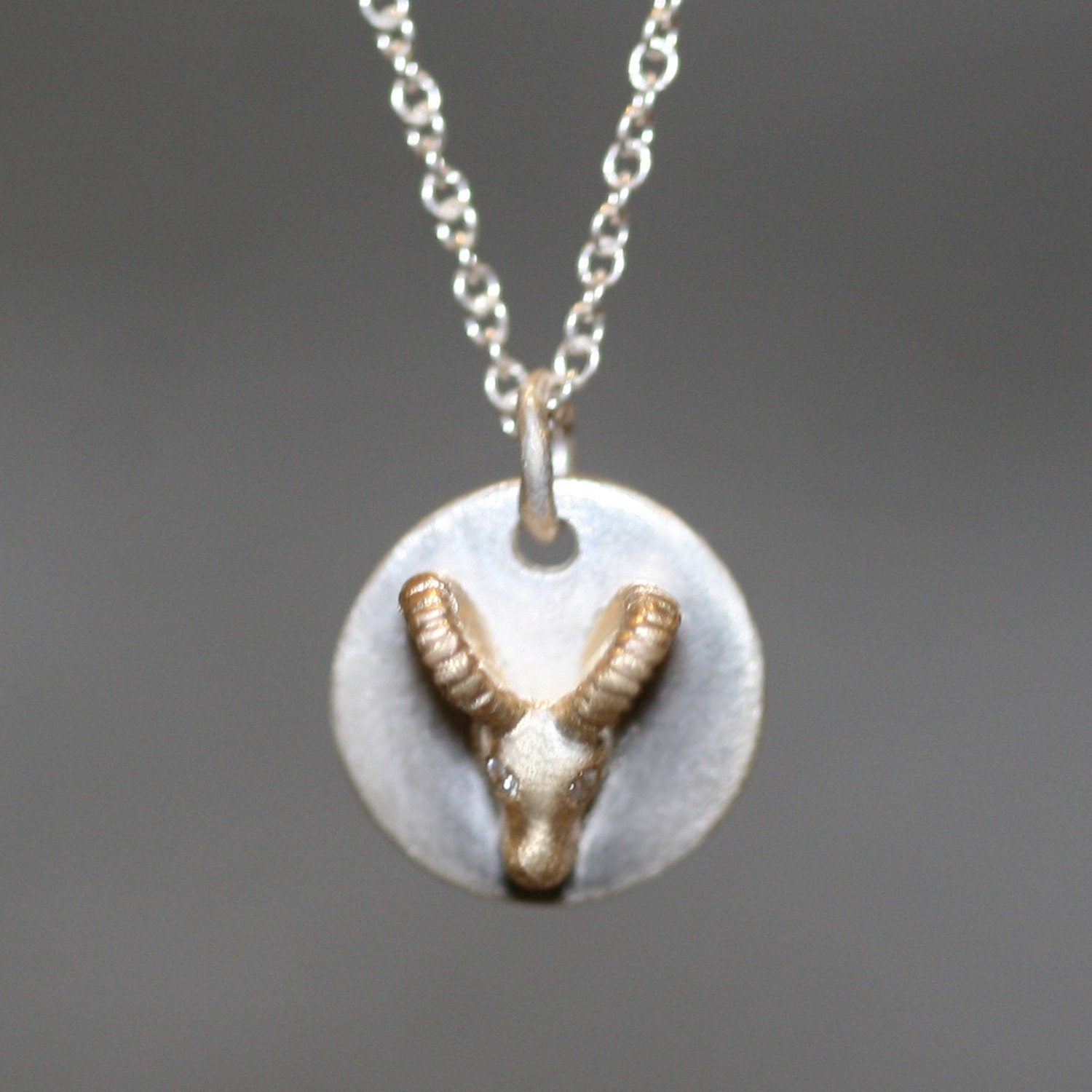 Ram Disk Necklace in 14K Gold & Sterling Silver With Diamonds