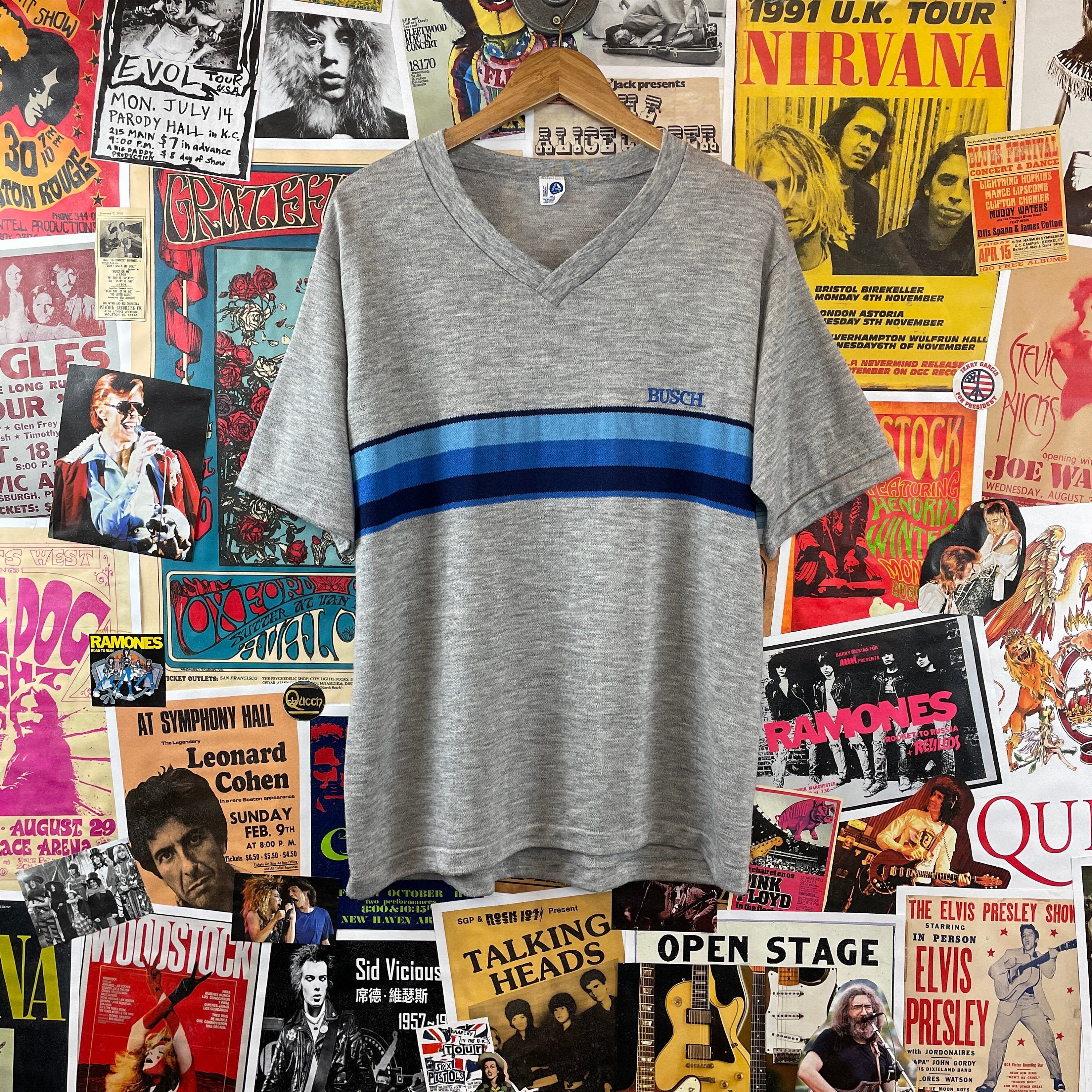 Vintage 1980S Busch Beer Rayon Blend Grey Striped Graphic V-Neck T-Shirt