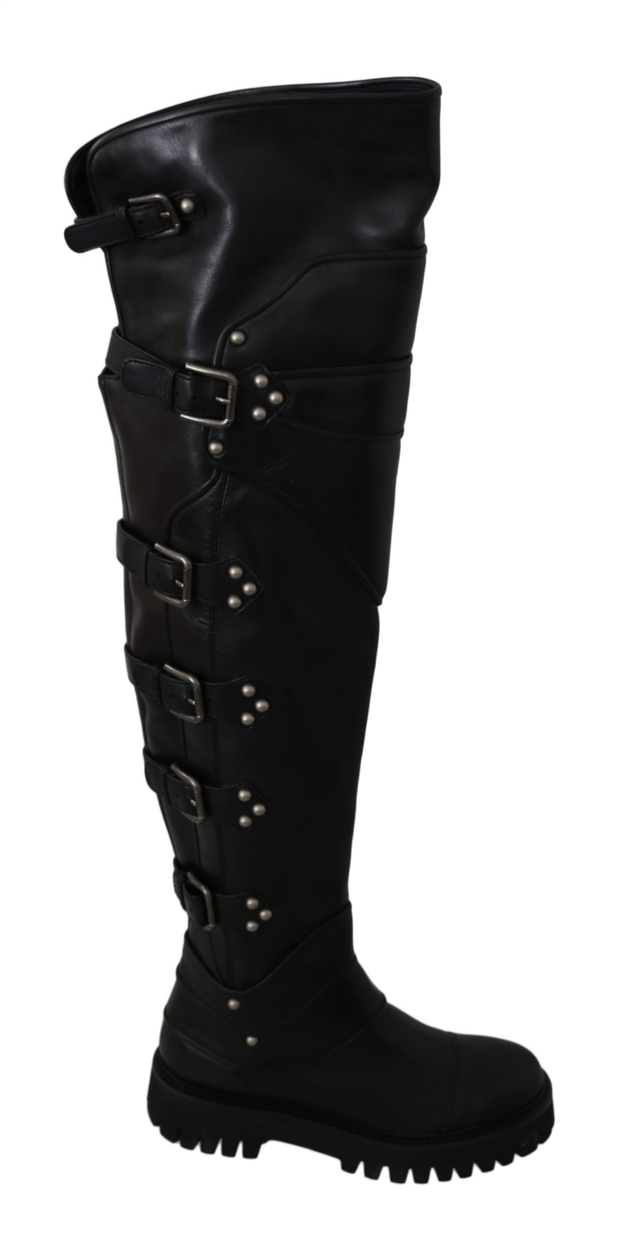 Dolce & Gabbana Leather Over Knee Biker Boots Black LA5890 - EU37/US6.5