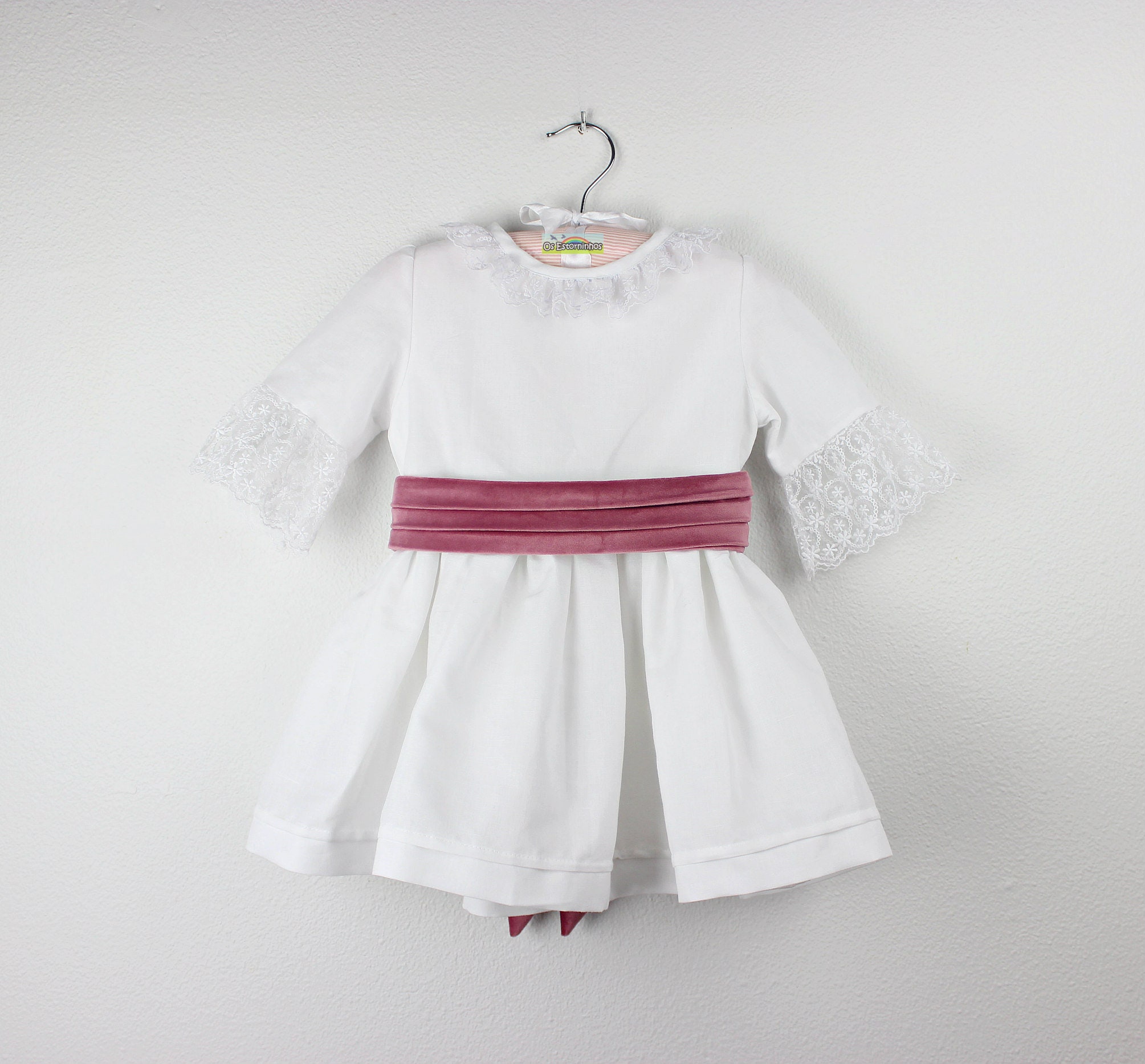 Girl Dress - White Linen Blend & Lace Dress, Velvet Sash