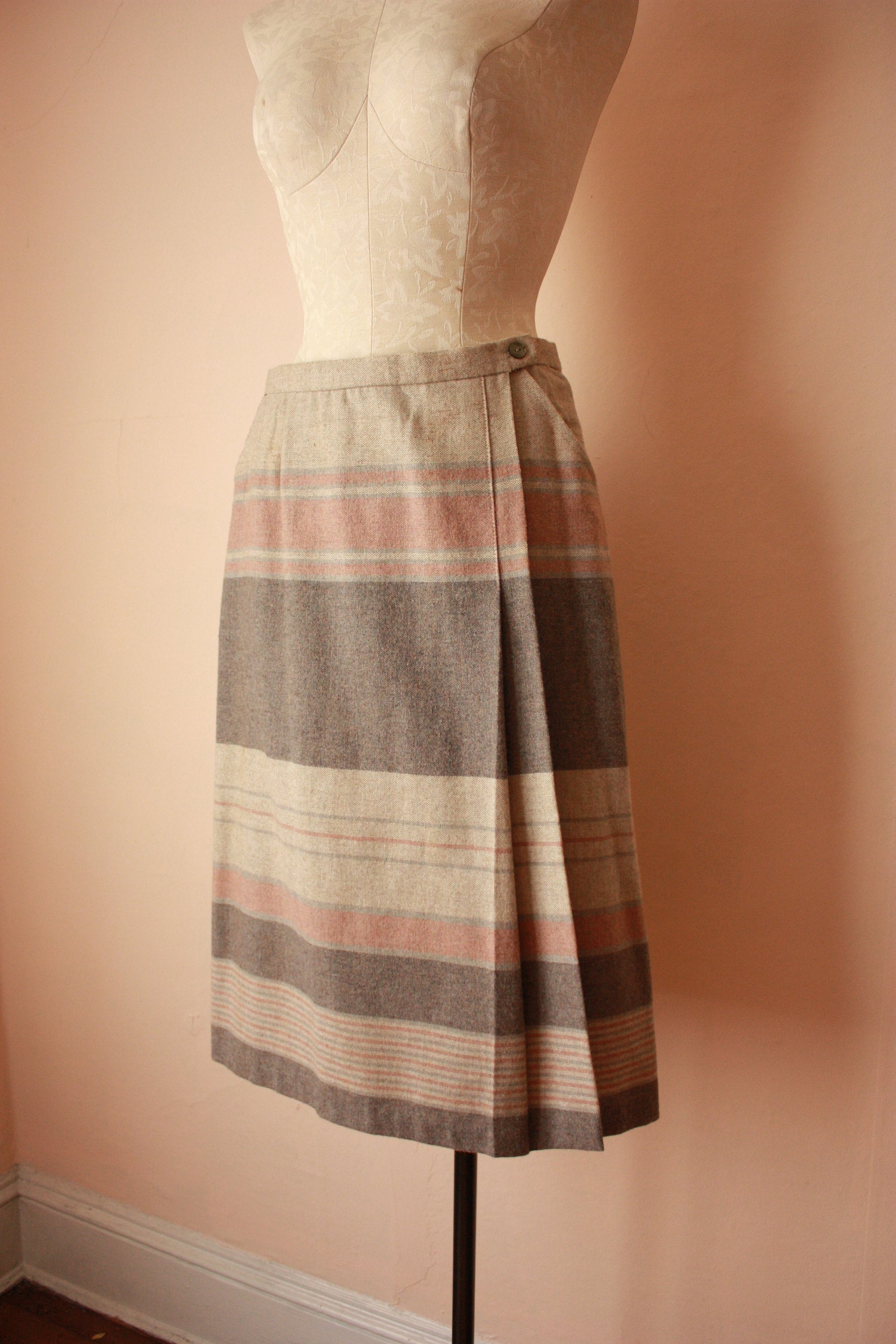 70S 80S Wool Blend Wrap Skirt Pastel Striped Gray Pink Oatmeal Size M