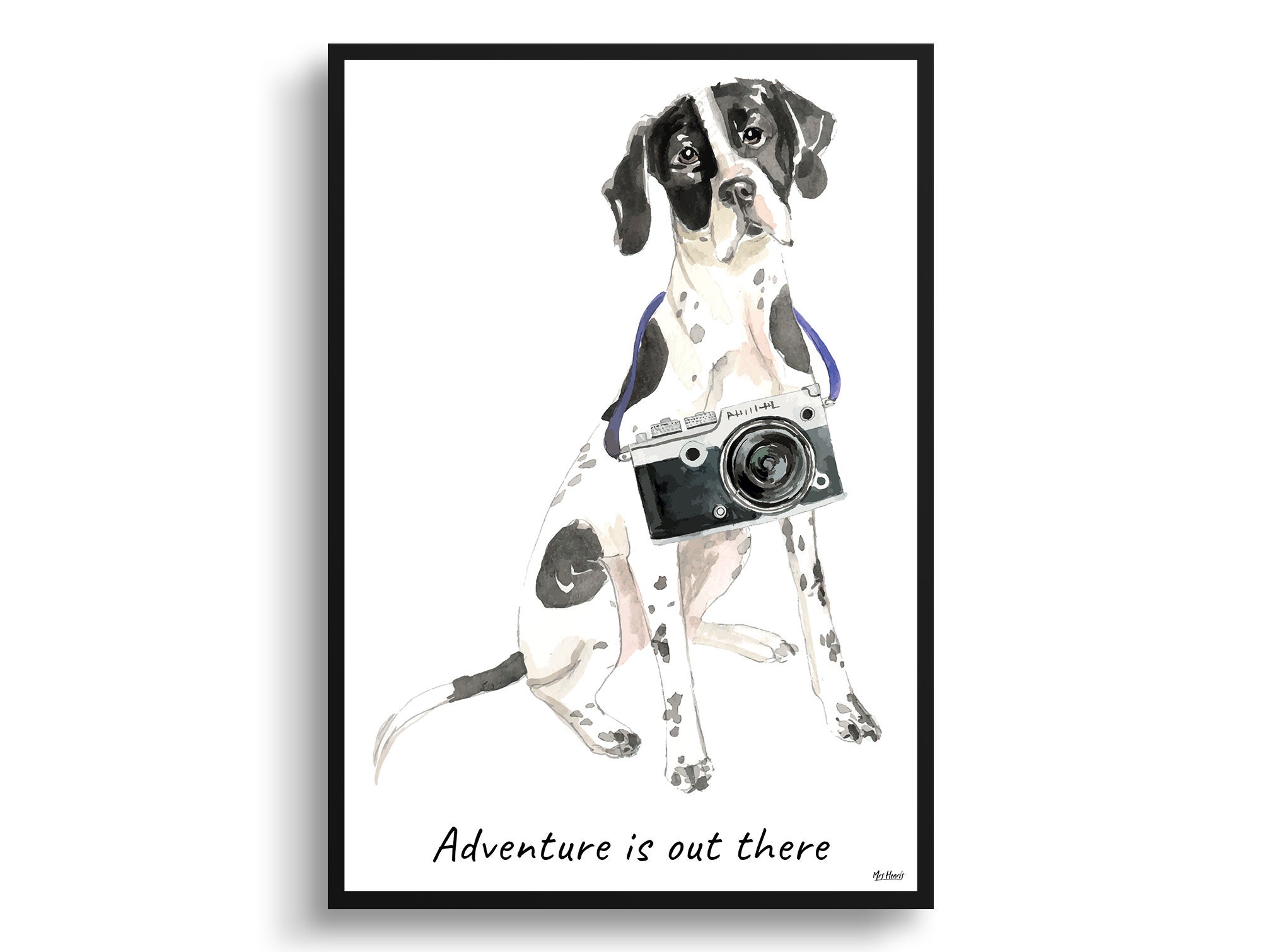 Adventure Is Out There English Pointer Print Illustration. Framed & Un-Framed Wall Art Options. Personalised Name