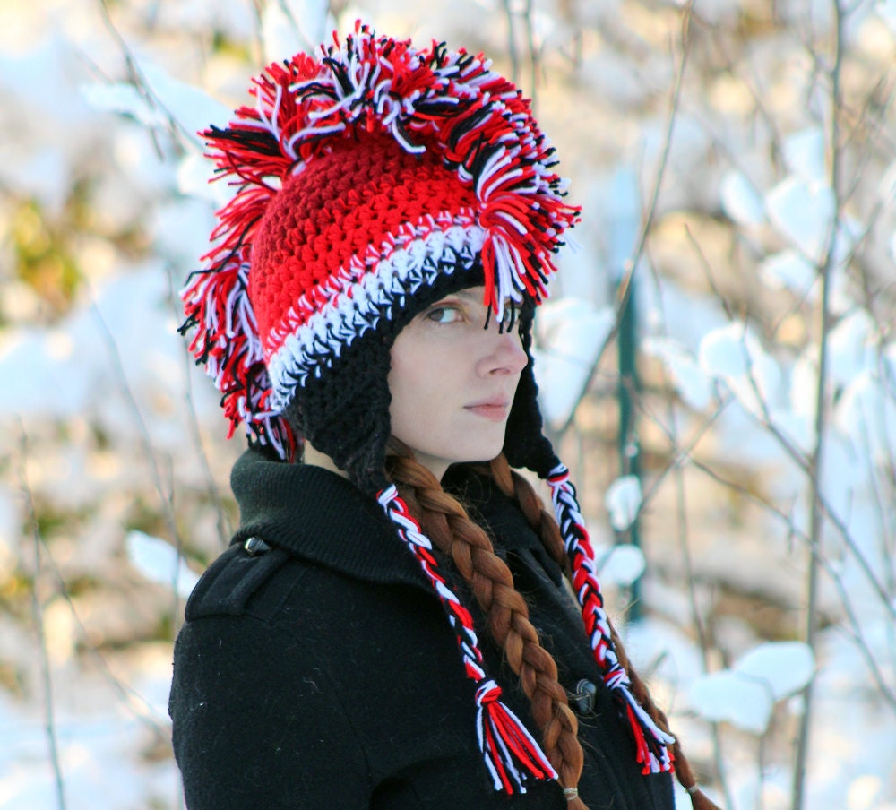 Mohawk Hat Red White & Black Ombre Fade Ear Flap Style Warm Winter Accessory Gift Idea For Men Women Teens Or Children Handmade Christmas