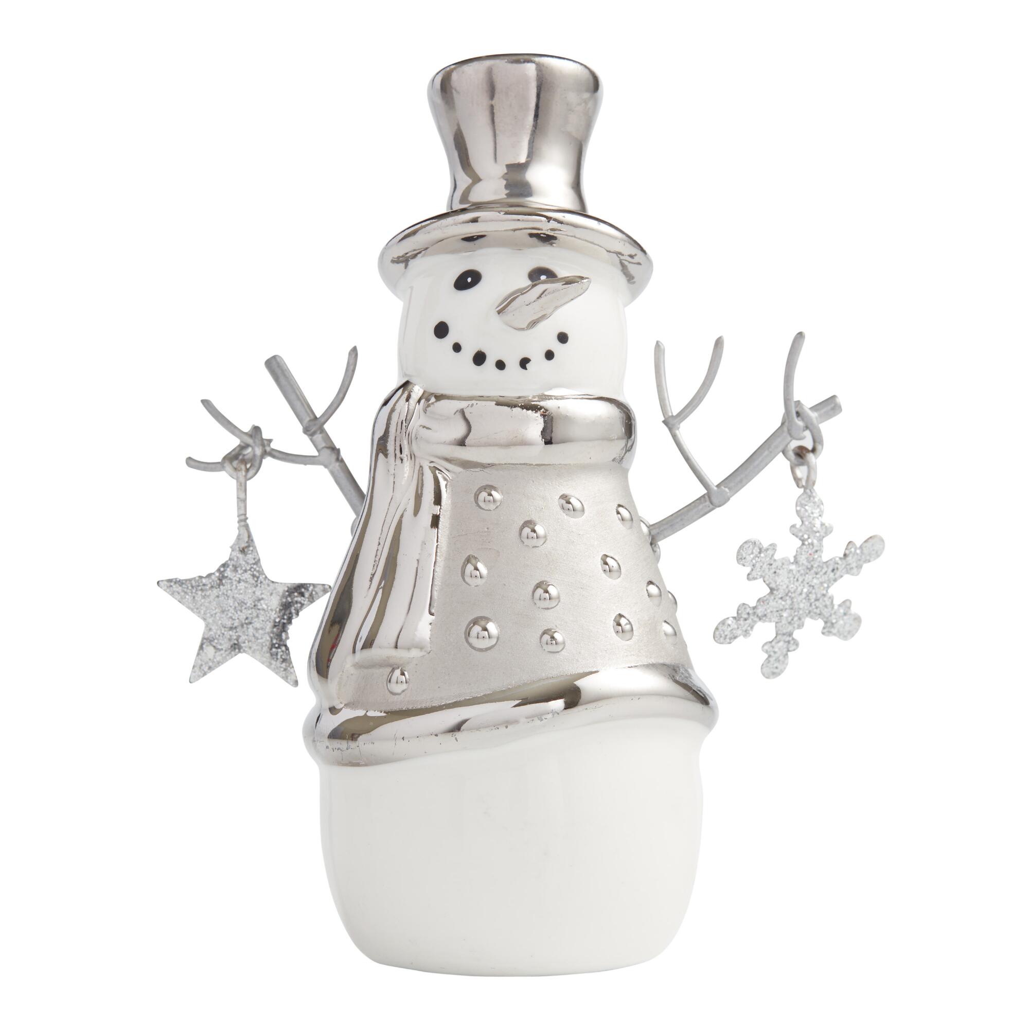 Pier Place White And Silver Ceramic Snowman Figurine: White/Silver by World Market