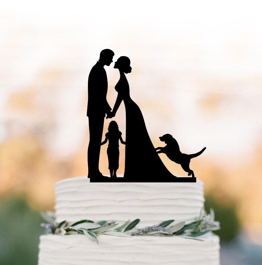Bride & Groom Wedding Cake Topper With Child, Family Silhouette Wedding Cake Dog Girls