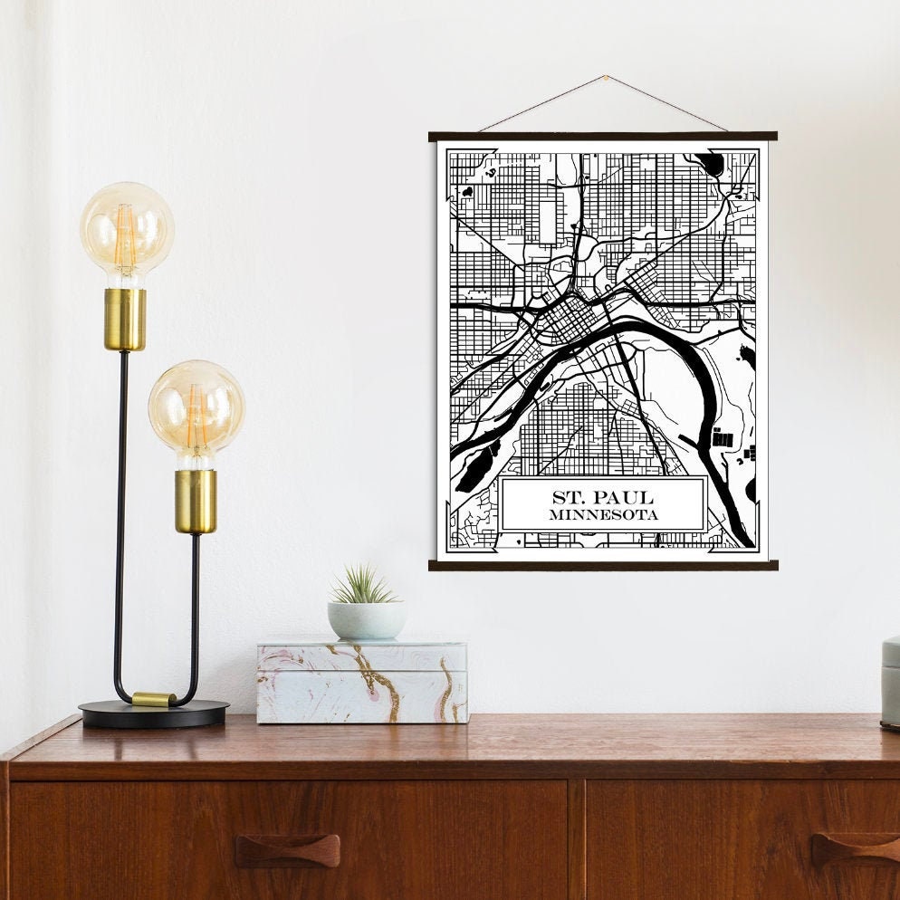 St. Paul Minnesota Black & White Street Map | Hanging Canvas Of Printed Marketplace