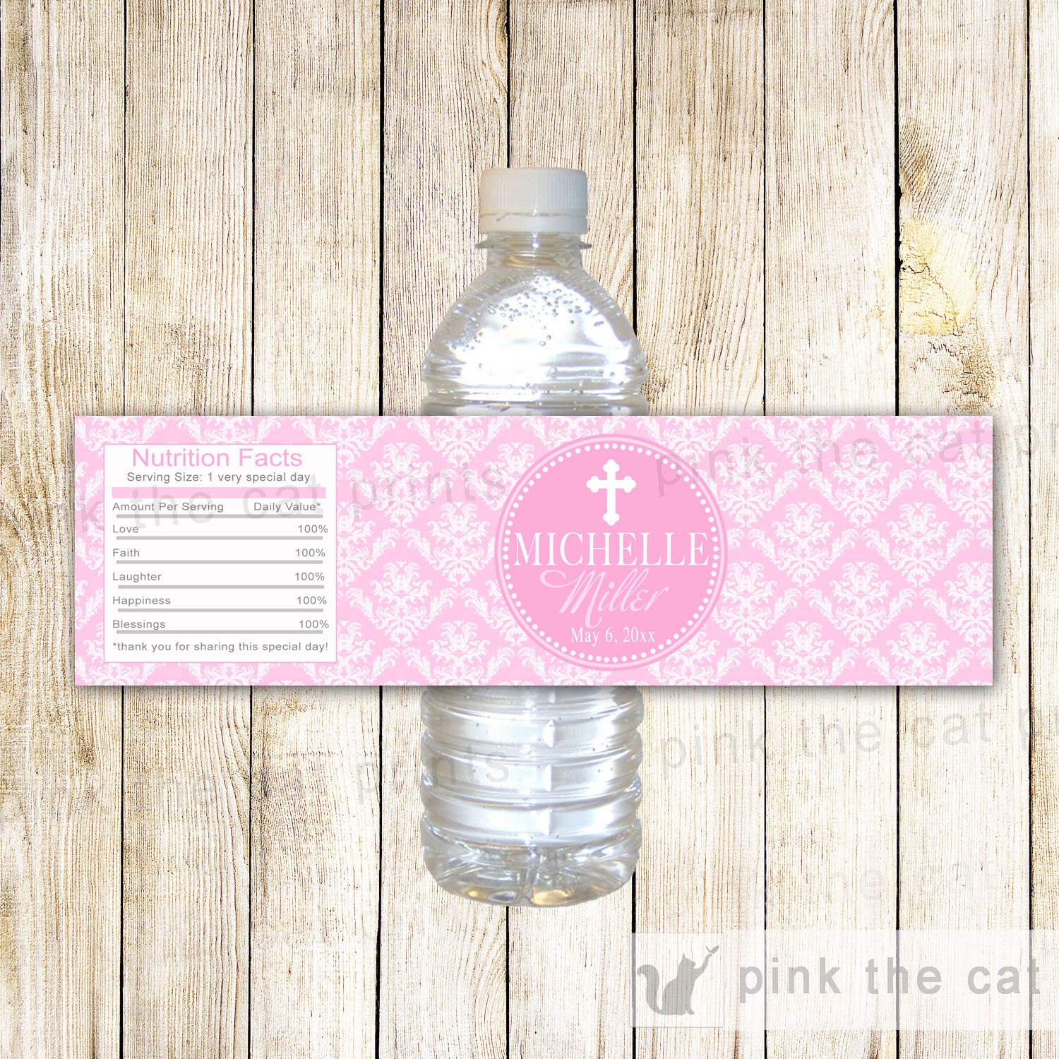 Girl Baptism Bottle Labels First Communion Label Pink Christening Wrapper Dedication Printable File Personalized