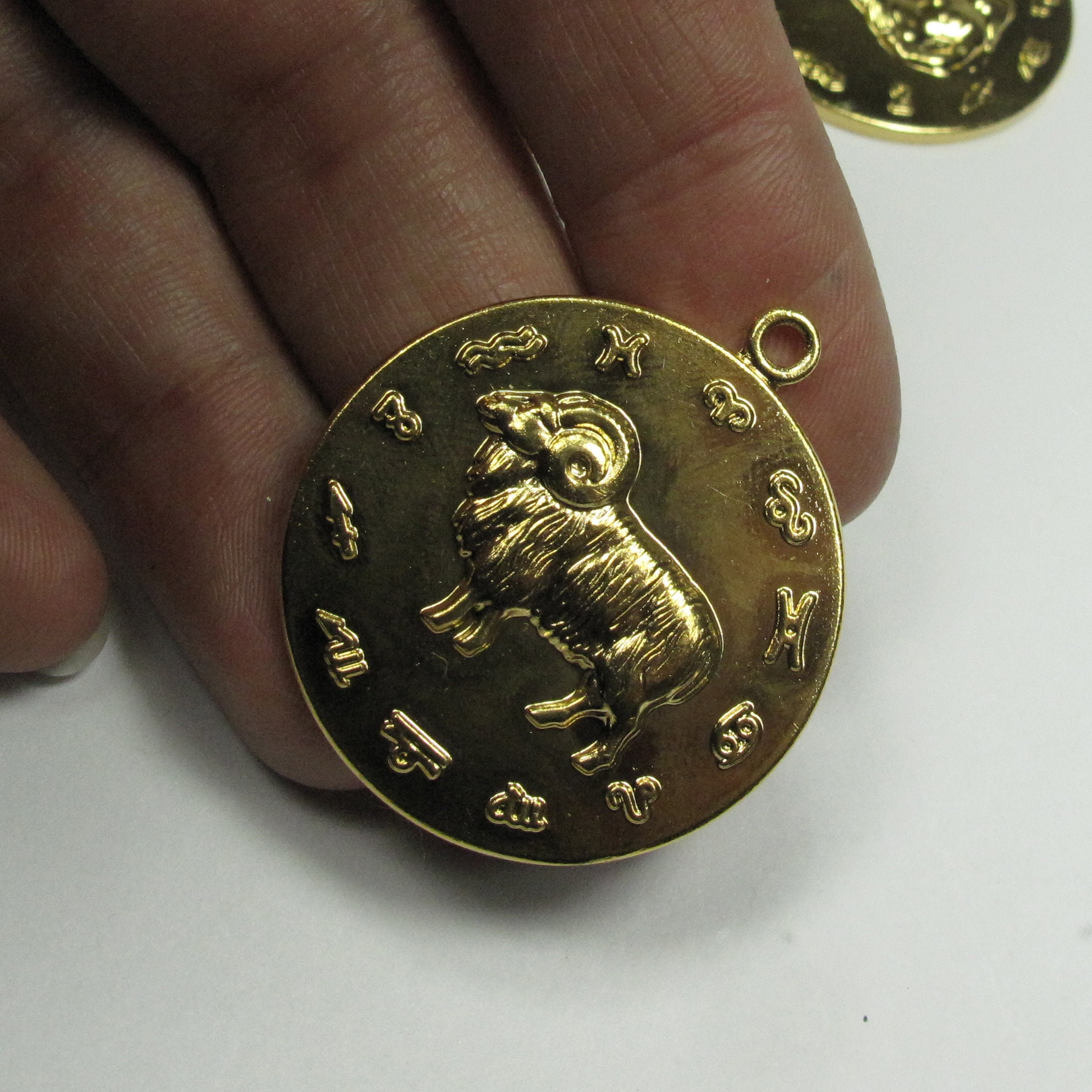 Large Gold Zodiac Aries Ram Pendant - Astrology Rap Size Necklace, Coin Medallion