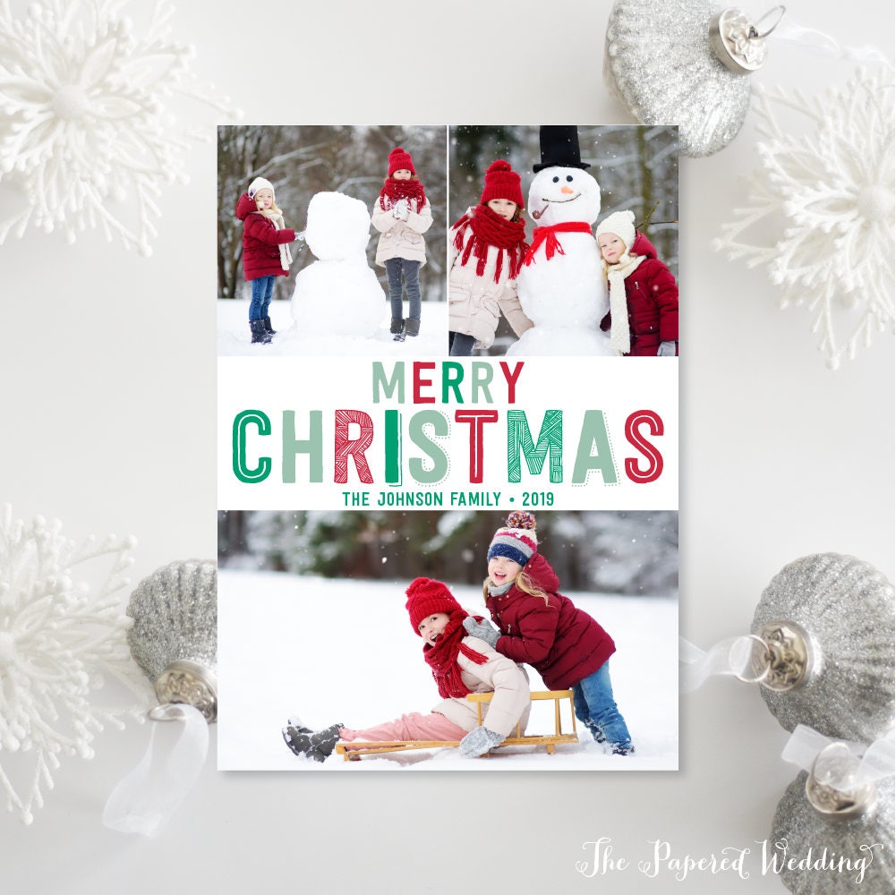 Printable Or Printed Red & Green Christmas Cards - Fun Mixed Font Photo Holiday With Three Pictures Photos 041 P3