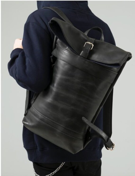 College Roll Top Black Rucksack - Minimalist Large Travel Backpack Distressed Leather Laptop Bag
