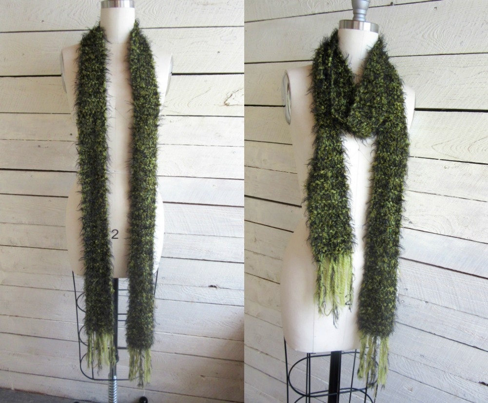Long Skinny Wool Blend Scarf - Green Fringe Black Handmade