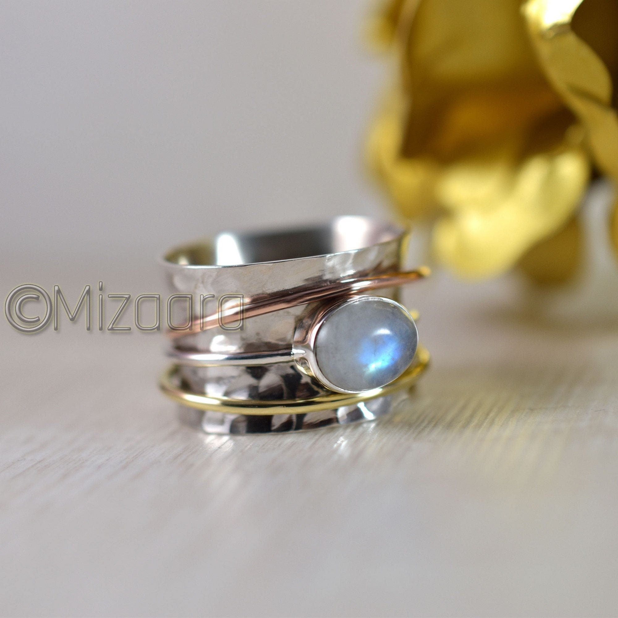 Moonstone Spinner Ring Sterling Silver Meditation Hammered Three Tone Yoga Healing Anxiety Birthstone Jewelry Gift