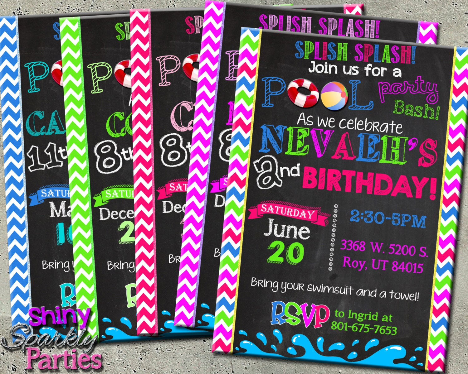 Pool Party Invitation, Pool Birthday Party Invite, Colorful Chalkboard Party, Summer End Of Year Swim Swimming