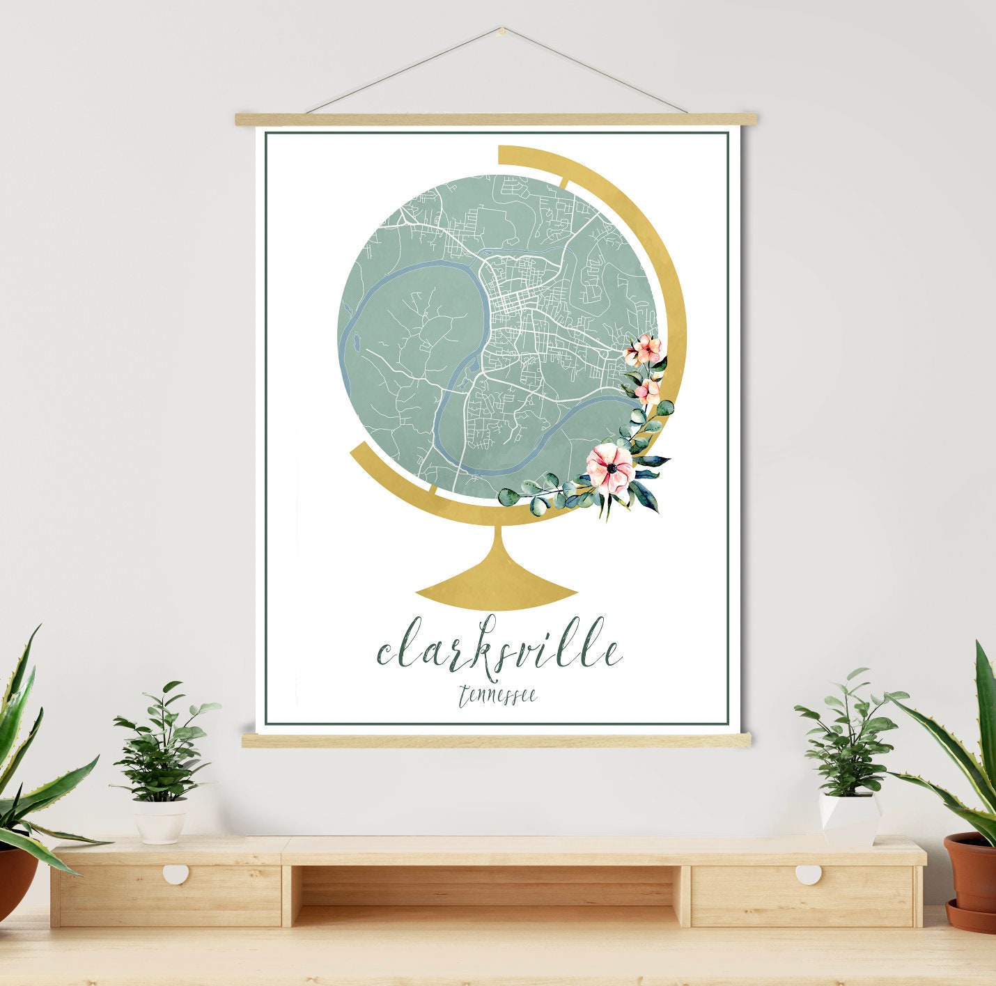 Clarksville Tennessee Globe Street Map | Hanging Canvas Of Printed Marketplace