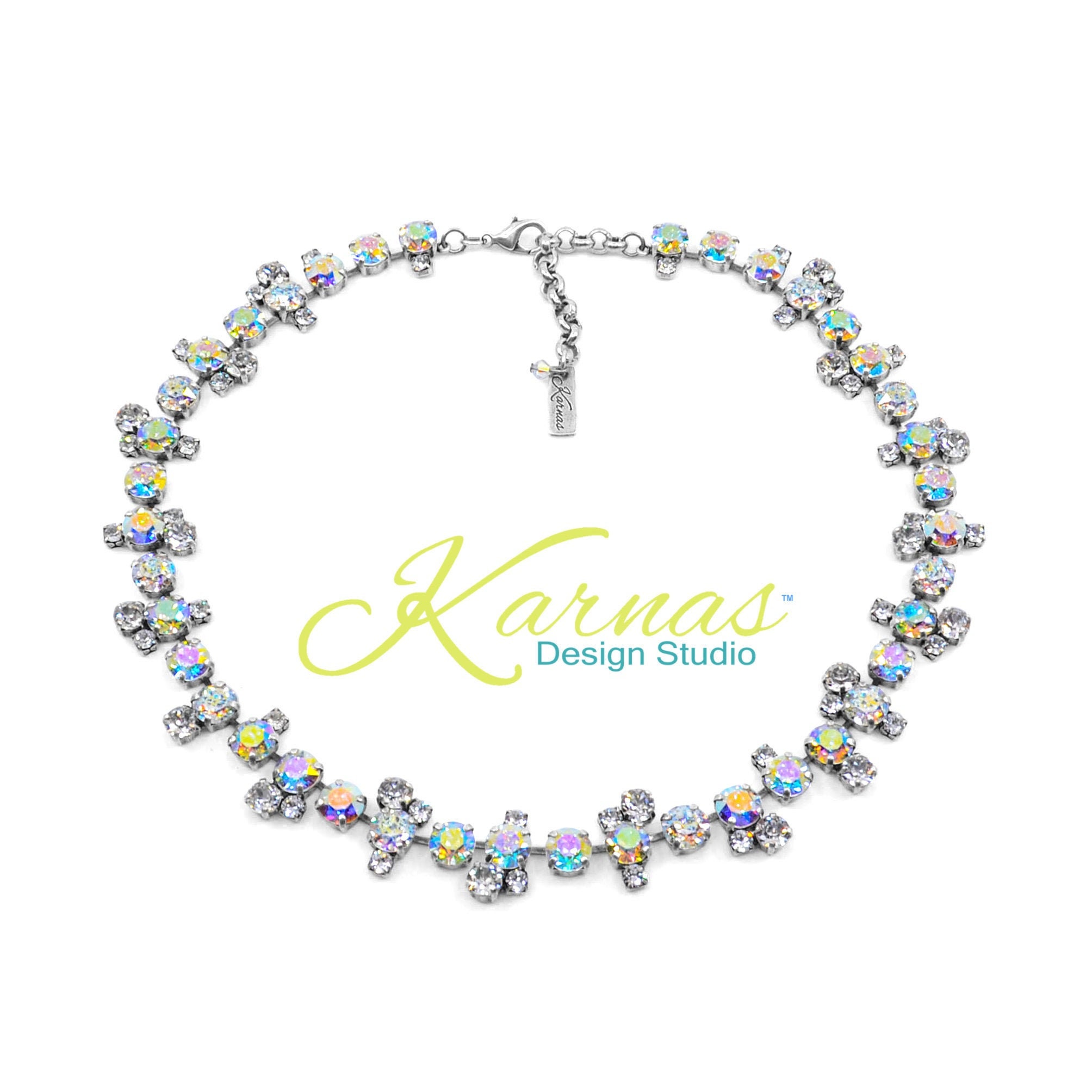 Crystal Conglomeration Mixed Size Statement Necklace Made With Genuine Crystal Antique Silver Karnas Design Studio Free Shipping