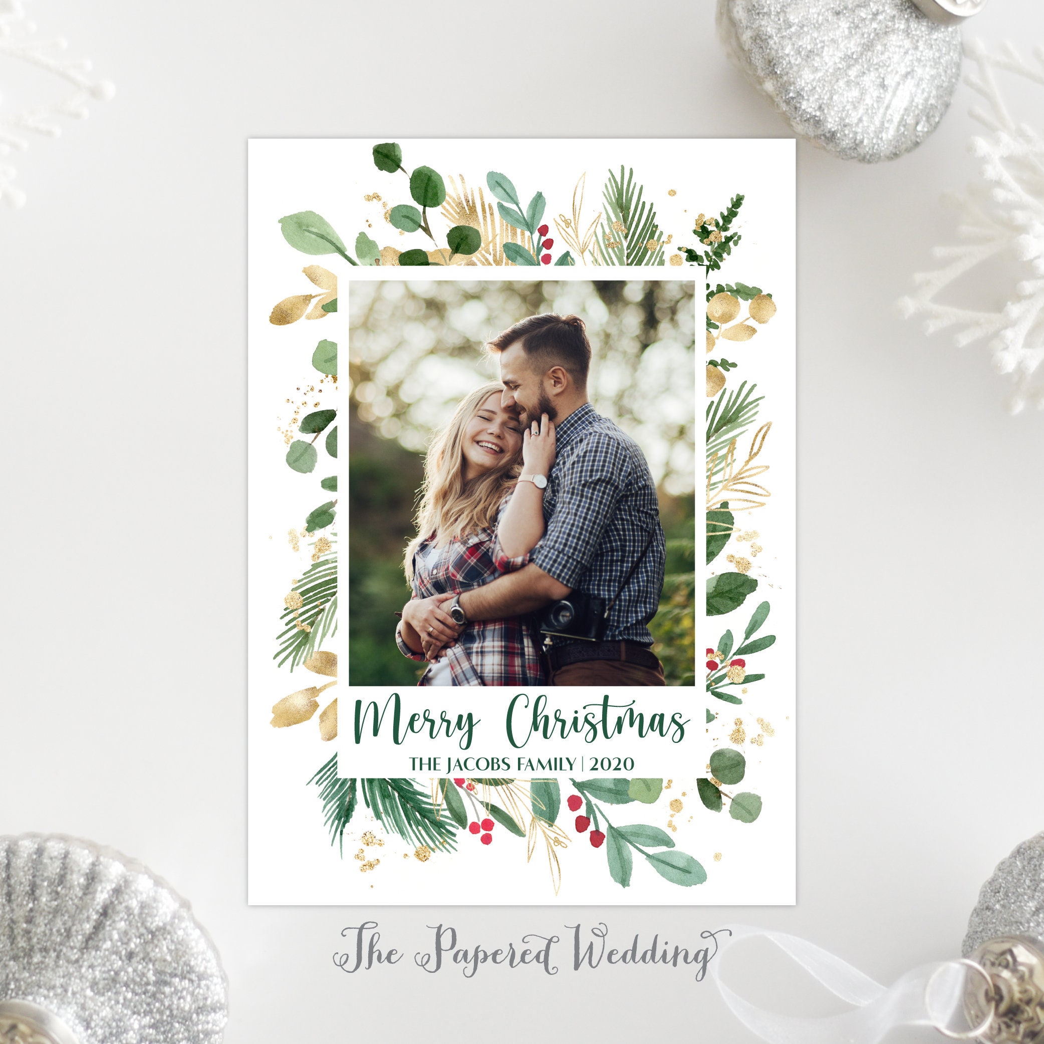 Printable Or Printed Green, Red, & Gold Christmas Foliage Photo Cards - Merry With Pine Greenery One Picture 123 P1