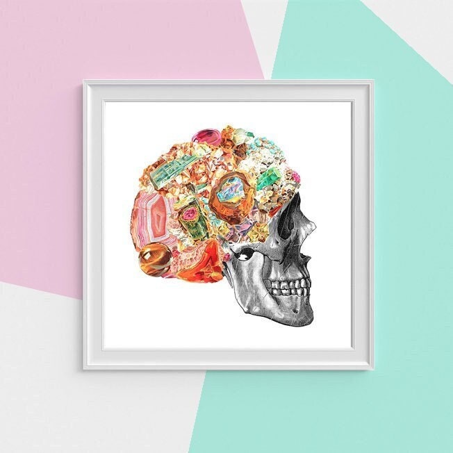 Doctor Gift Minerals Skull Collage Print, Geologist Gift, Human Skull - Science Student -Therapist Wall Art- Psycologist Ska119