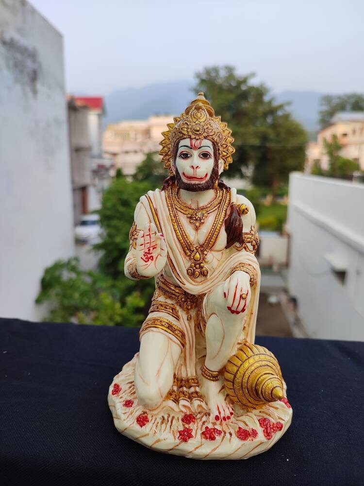 Hanuman Statue - 7.5 Inch Idol in Marble Finish For Your Altar Decor, Ram Bhakt Sitting Hanuman, Devotee Of Lord Rama