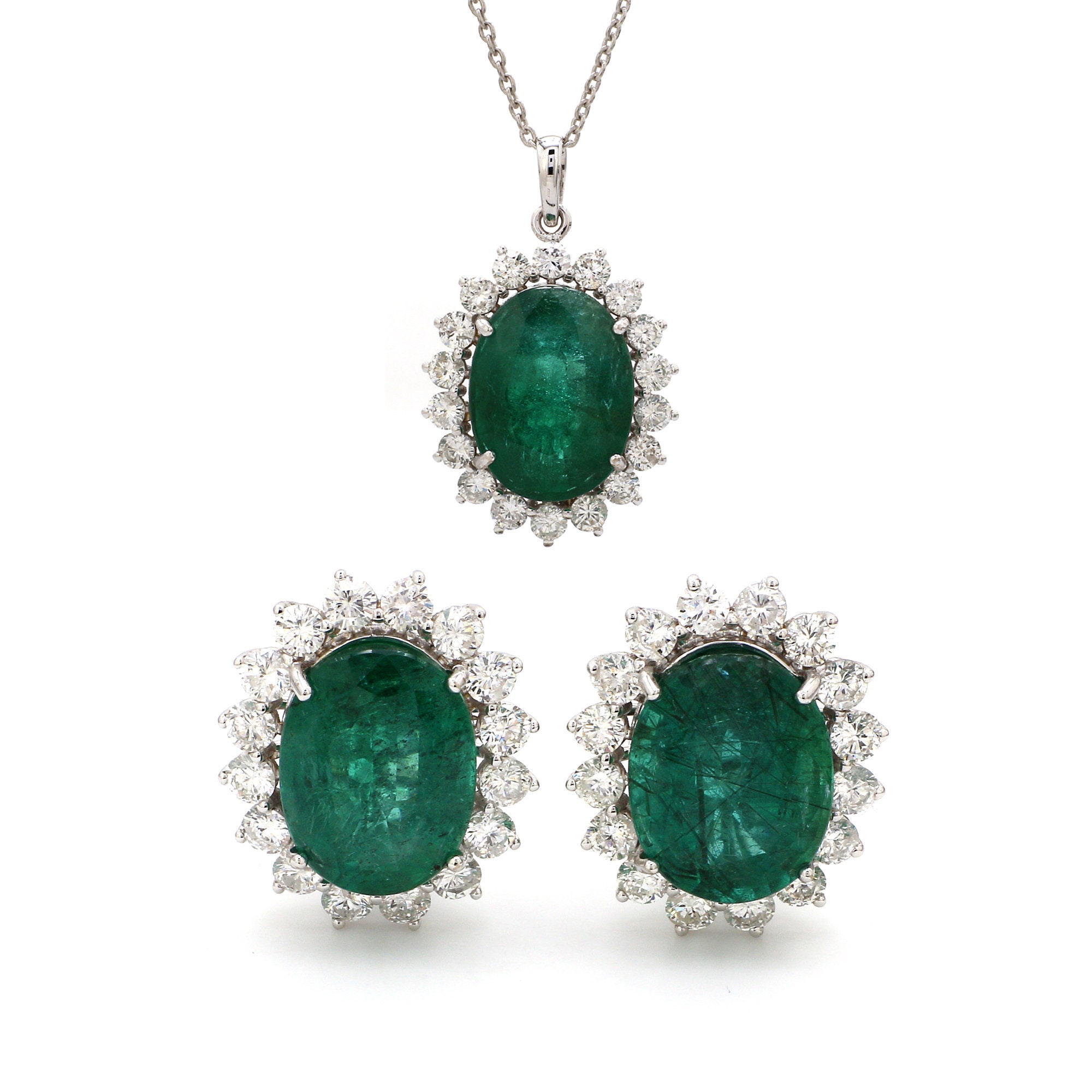 New Oval Shaped Emerald Stud Earrings & Pendant With Chain 18K White Gold Diamond Jewelry Wedding Set