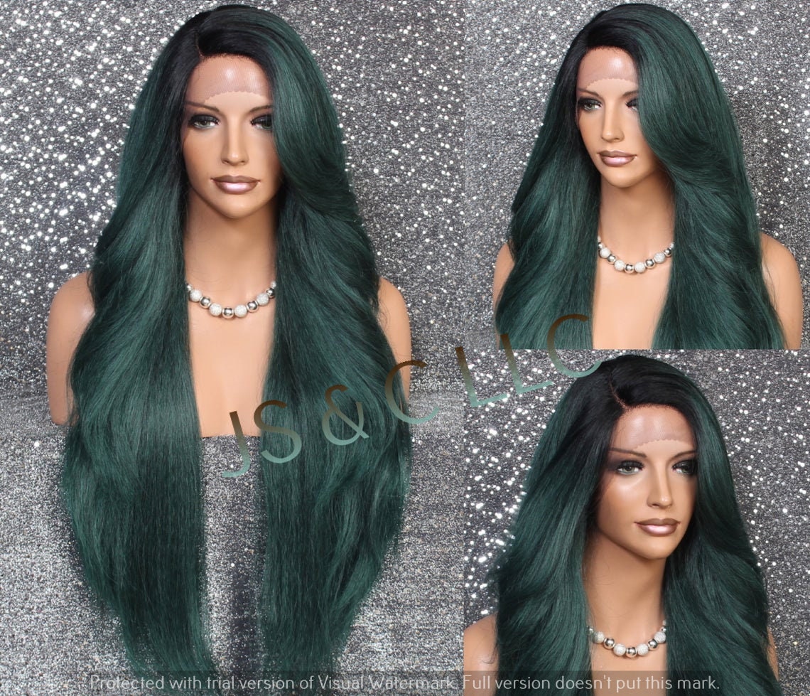 Luscious Human Hair Blend Full Lace Front Wig With Feathered Sides Long Swept Bangs & Natural Side Parting in Exotic Dark Green Color