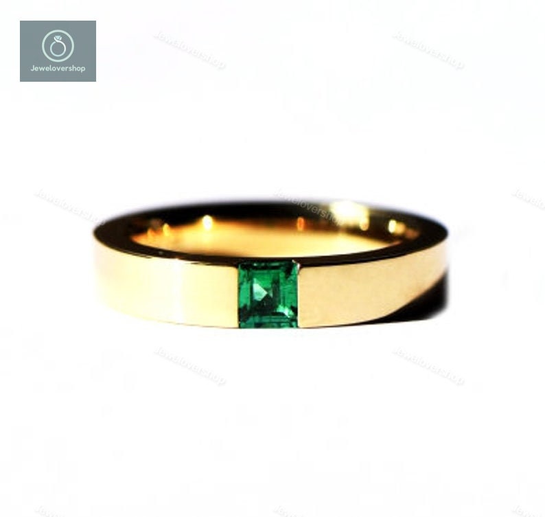 Emerald Wedding Ring, Art Deco Natural Anniversary Sterling Silver 18K Yellow Gold Gemstone