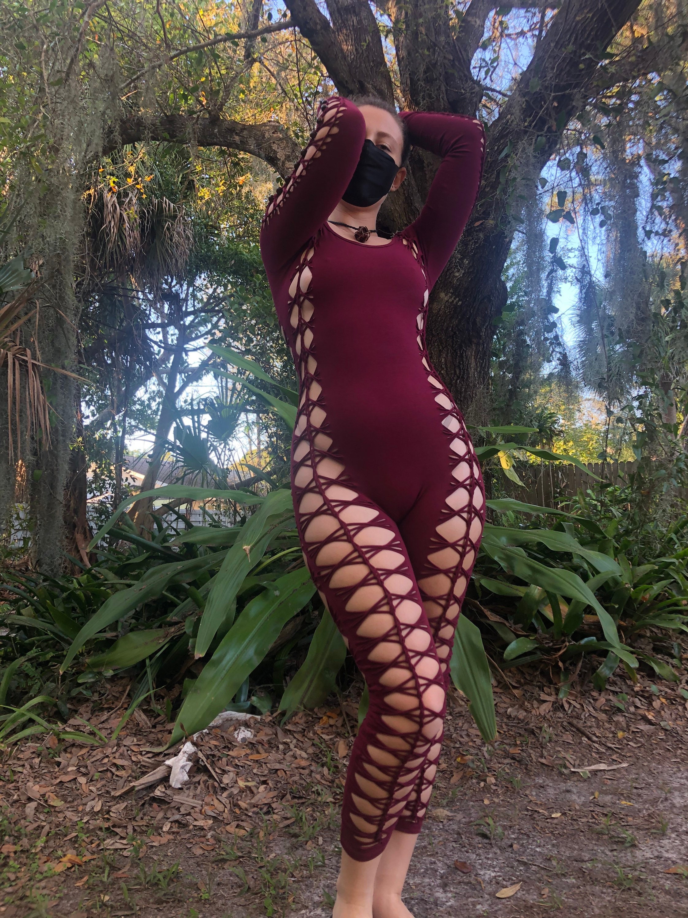 Ramblin Rose Flowsuit, Full Length Burgundy Maroon Rust Color Long Sleeve Fire Safe Hand Braided Catsuit, Slit Weave Festival Rave Outfit