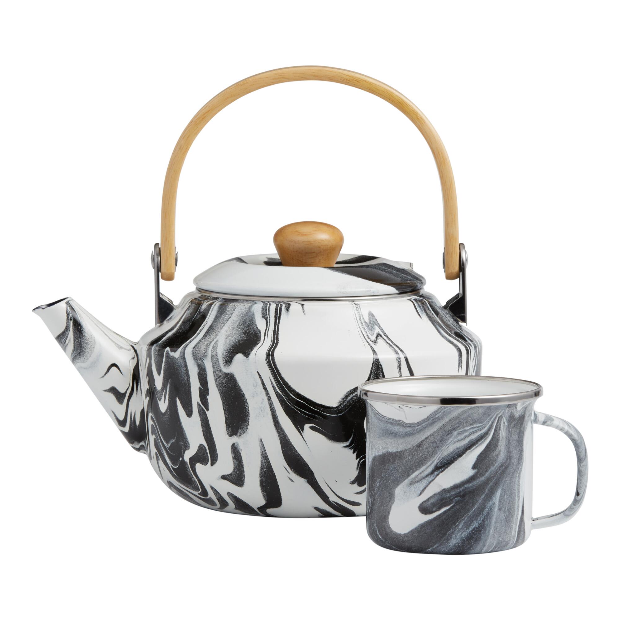 Black and White Marbled Enamel Tea Kettle and Mug Collection by World Market