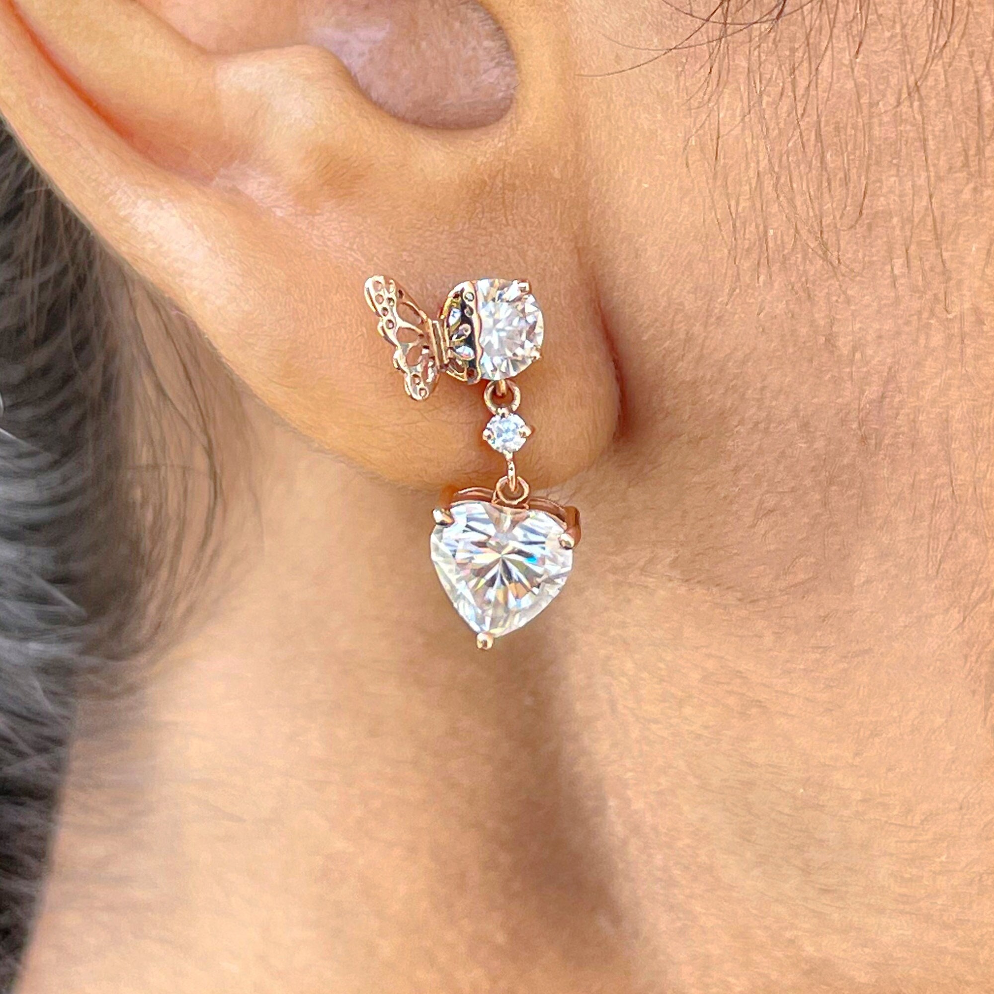 Butterfly Earrings, 3.5 Ct Moissanite Drop Heart Dangle Earrings Gold, Jewelry
