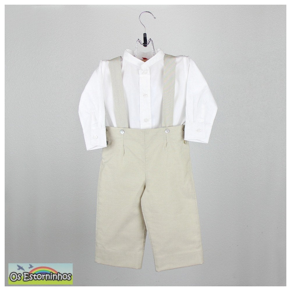 Beige Oxford Cotton Blend Pants With Suspenders & White Mao Shirt - Other Colors Available