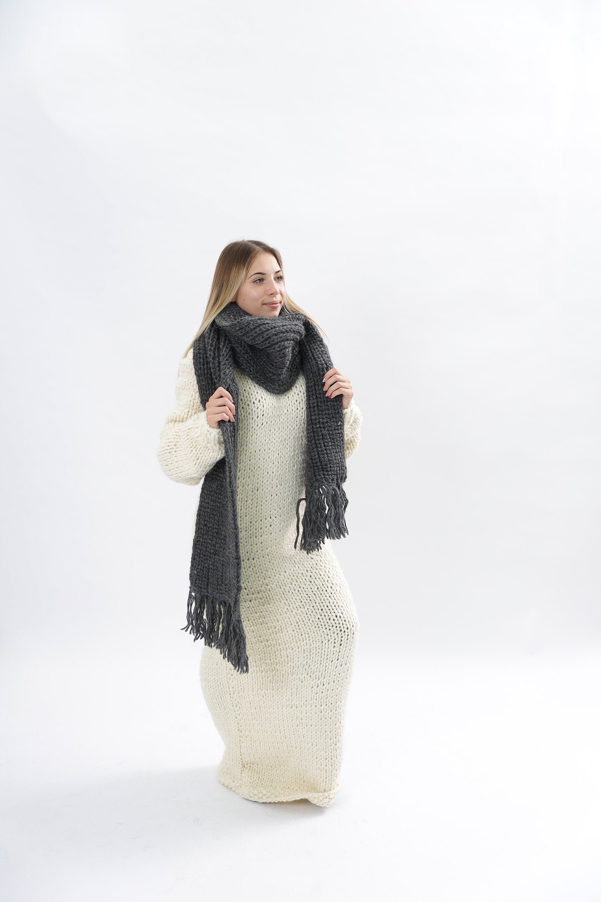 Extra Long Wool Knit Scarf , Knit Scarf, Chunky , Long Blue , Women Gifts Idea , Christmas Gifts