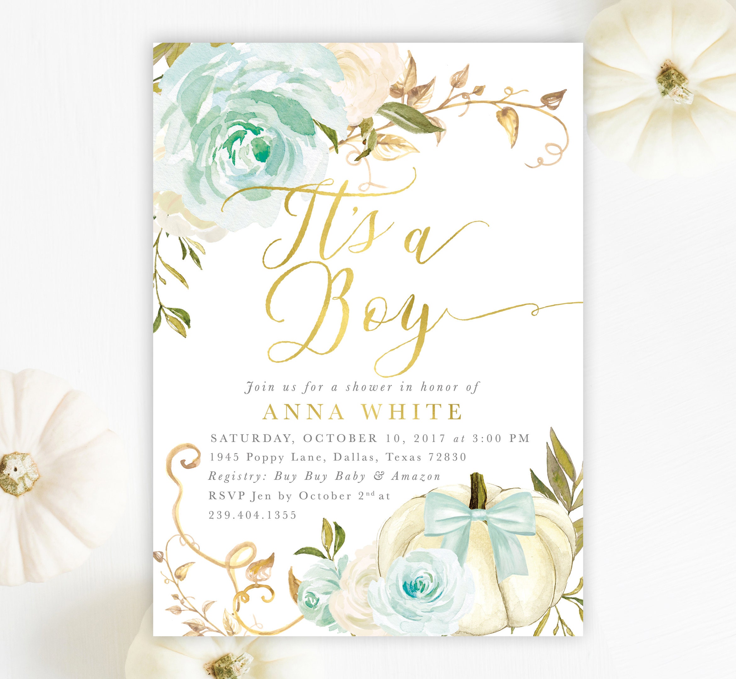 Fall Boy Baby Shower Invitation, Pumpkin Invite, It's A Autumn Blue Roses, Printed/Printable - 12