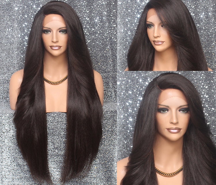 Dark Brown Human Hair Blend Full Lace Front Wig With Feathered Sides Long Swept Bangs & Natural Side Parting in Exotic Cancer Alopecia