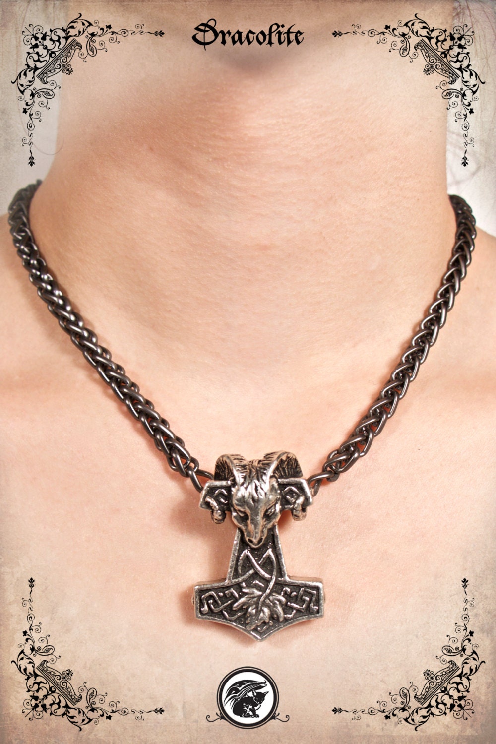 Lonar Thor Hammer-Mjolnir Viking Necklace, Ram Head