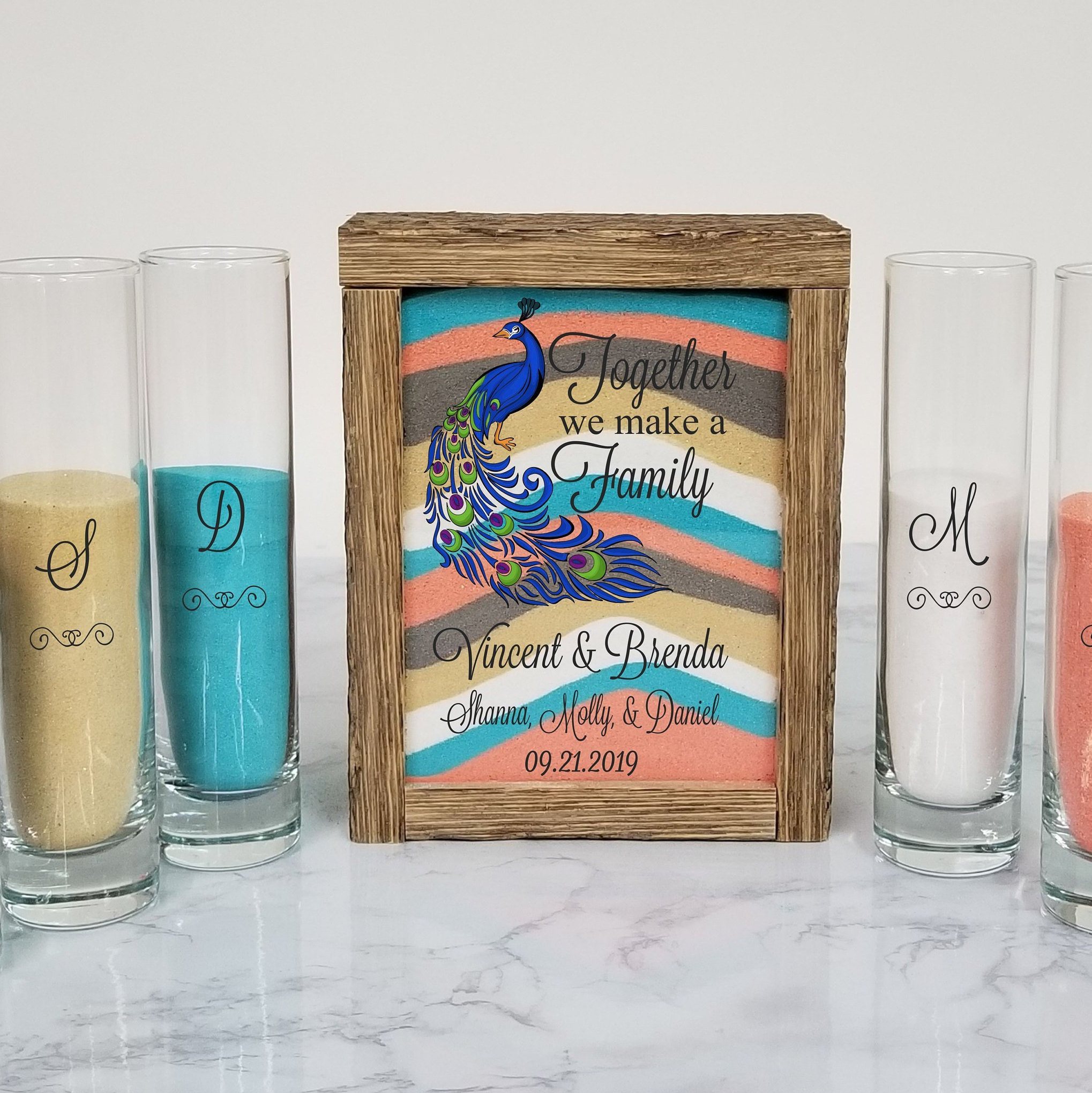 Peacock Sand Ceremony Set For Blended Family, Rustic Wedding Shadow Box Set, Unity Candle Alternative