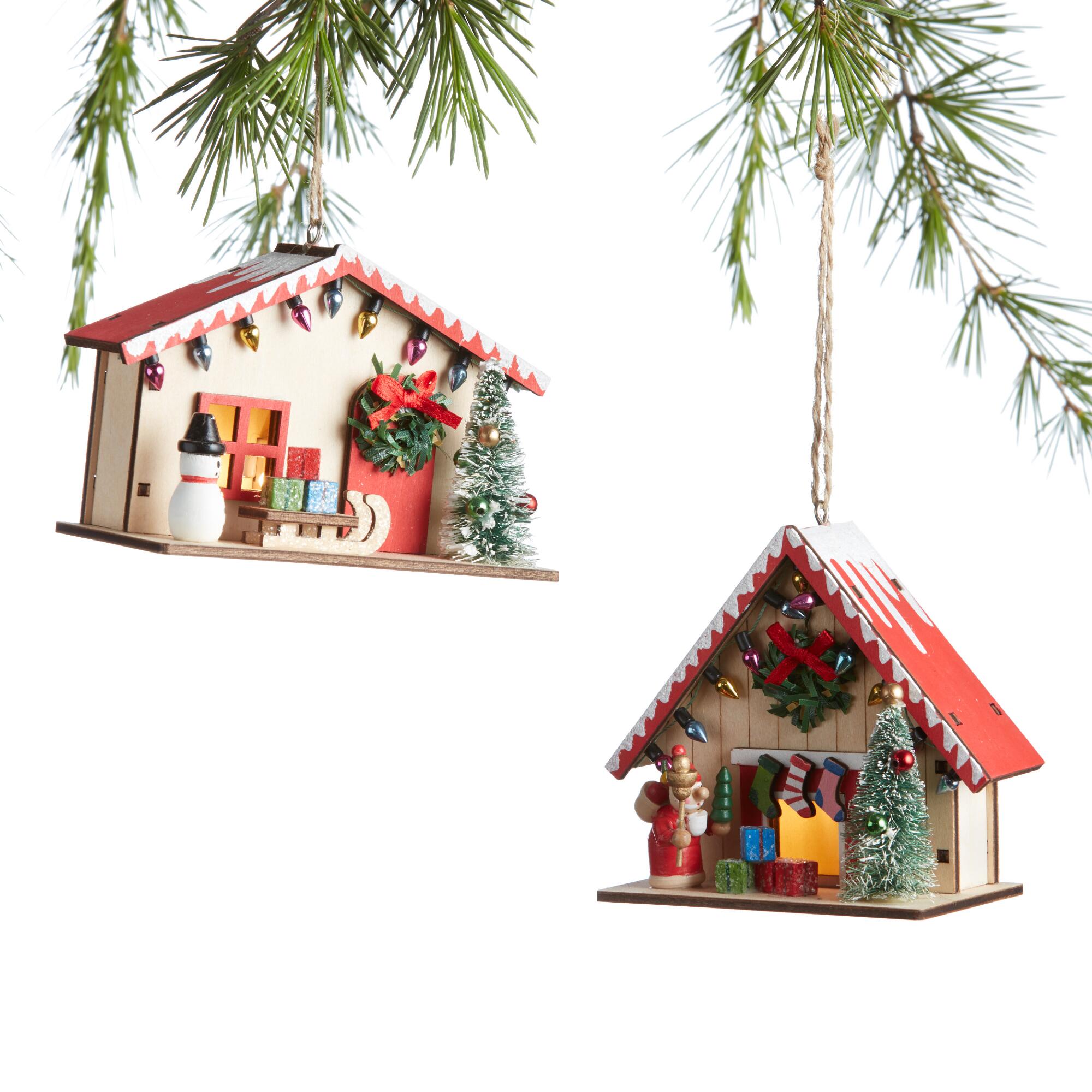 Wood Christmas House Scene LED Light Up Ornaments Set of 2 by World Market
