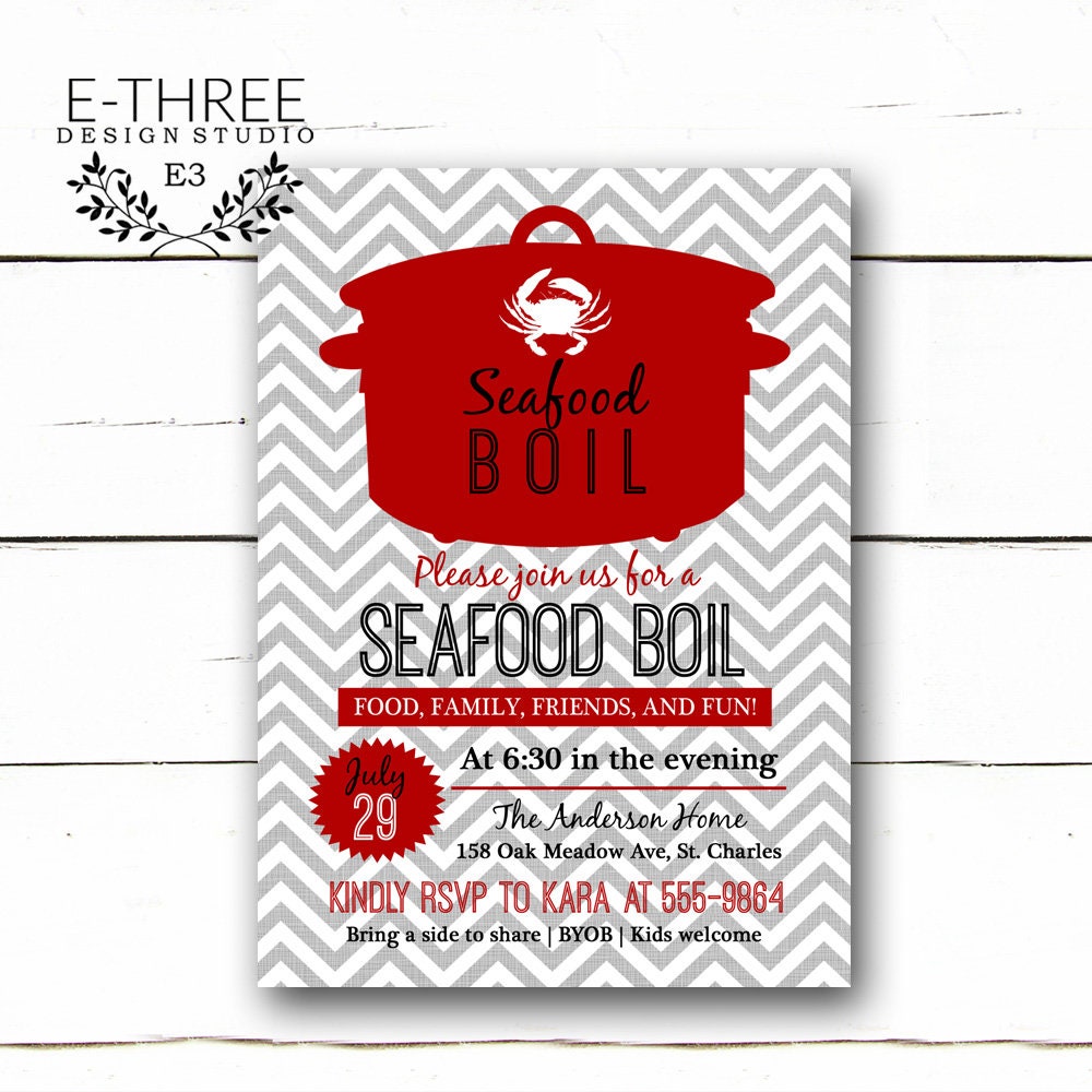 Seafood Boil Invitation - Shrimp & Crab Party Rehearsal Dinner Invite Summer Low Country Red Gray