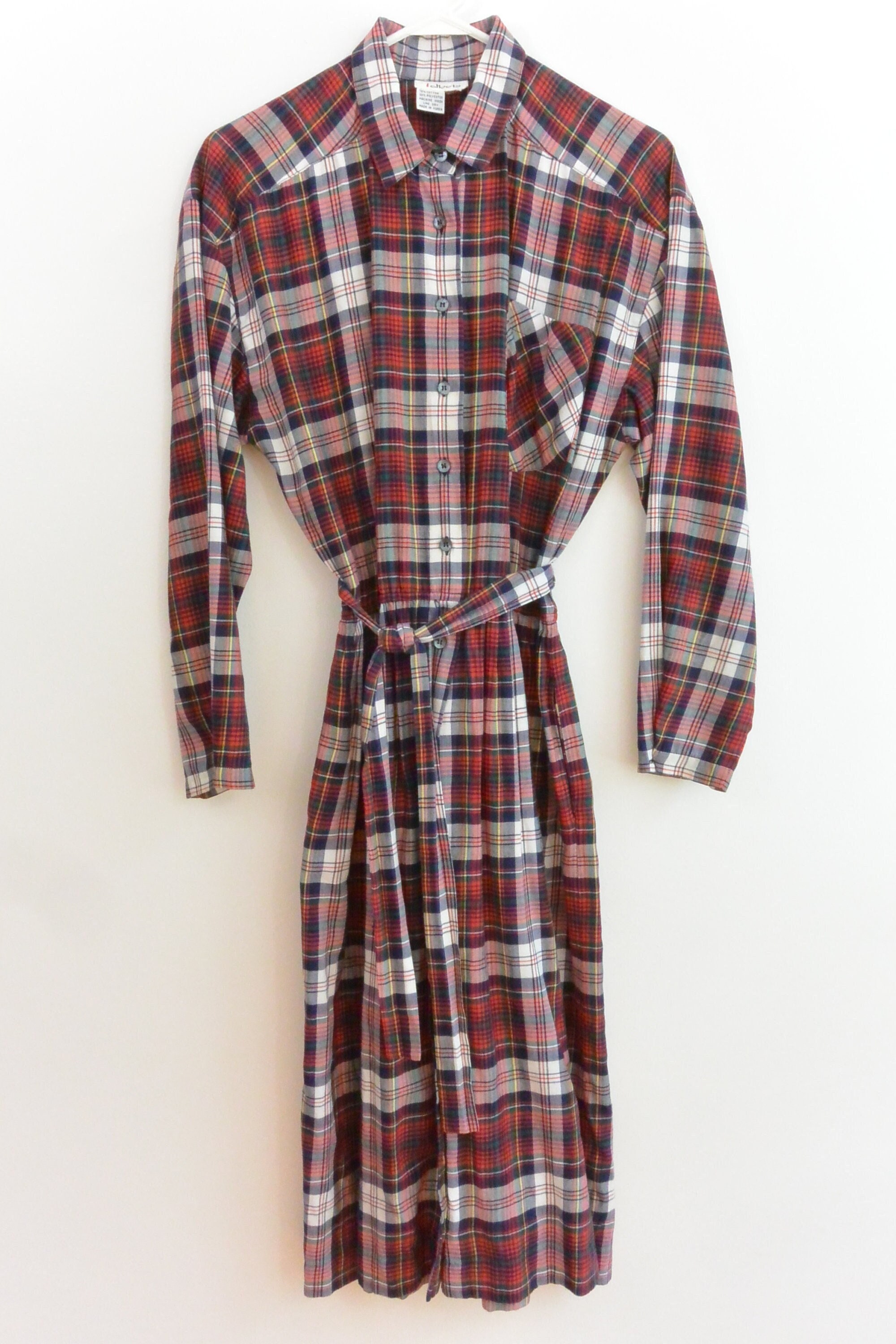 Vintage Plaid Cotton Blend Shirt Dress, Midi Medium-Large, Rustic Clothing, Cabincore, Mori Girl, Earthy Button Front Dress
