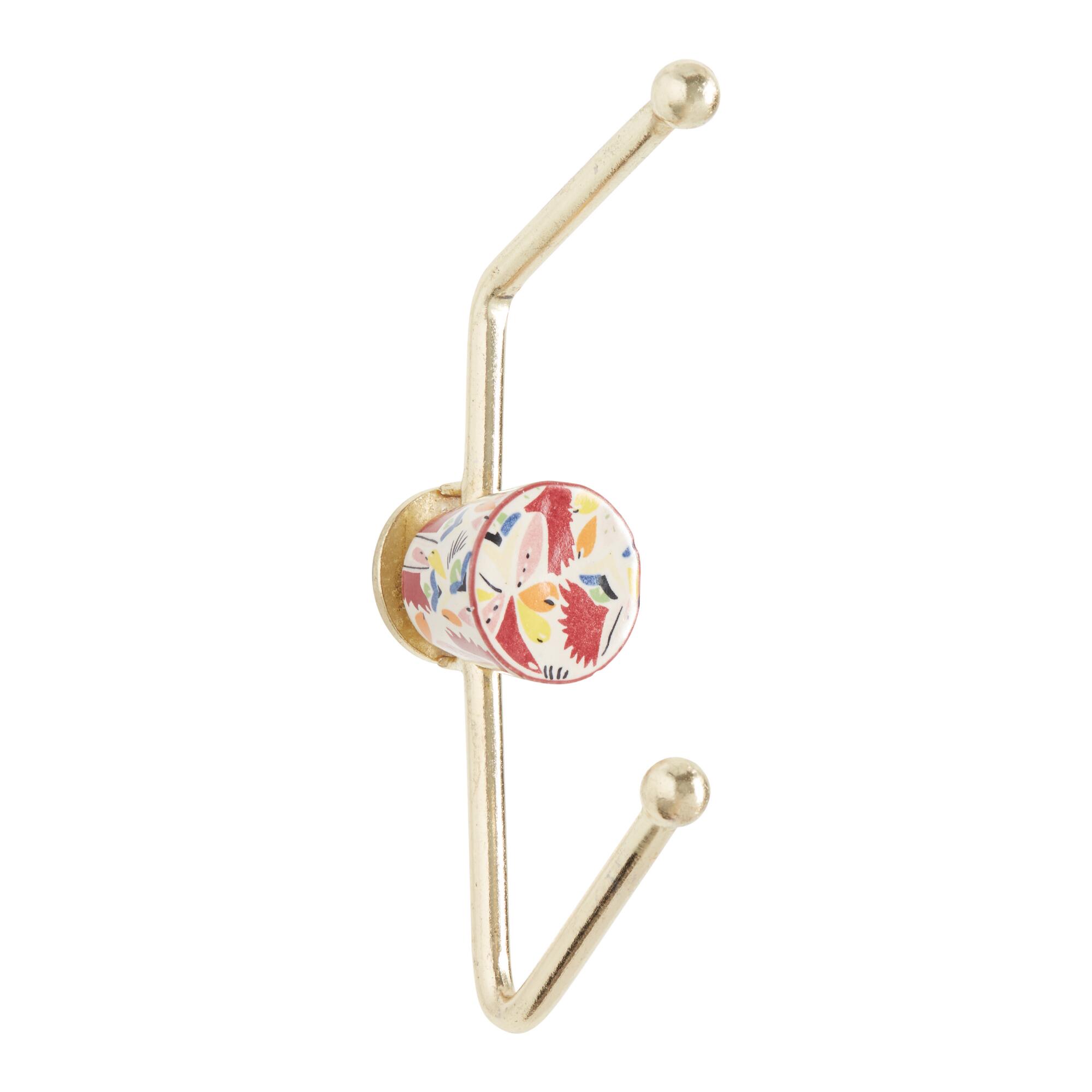 Floral Ceramic and Gold Metal Double Wall Hook: Red by World Market