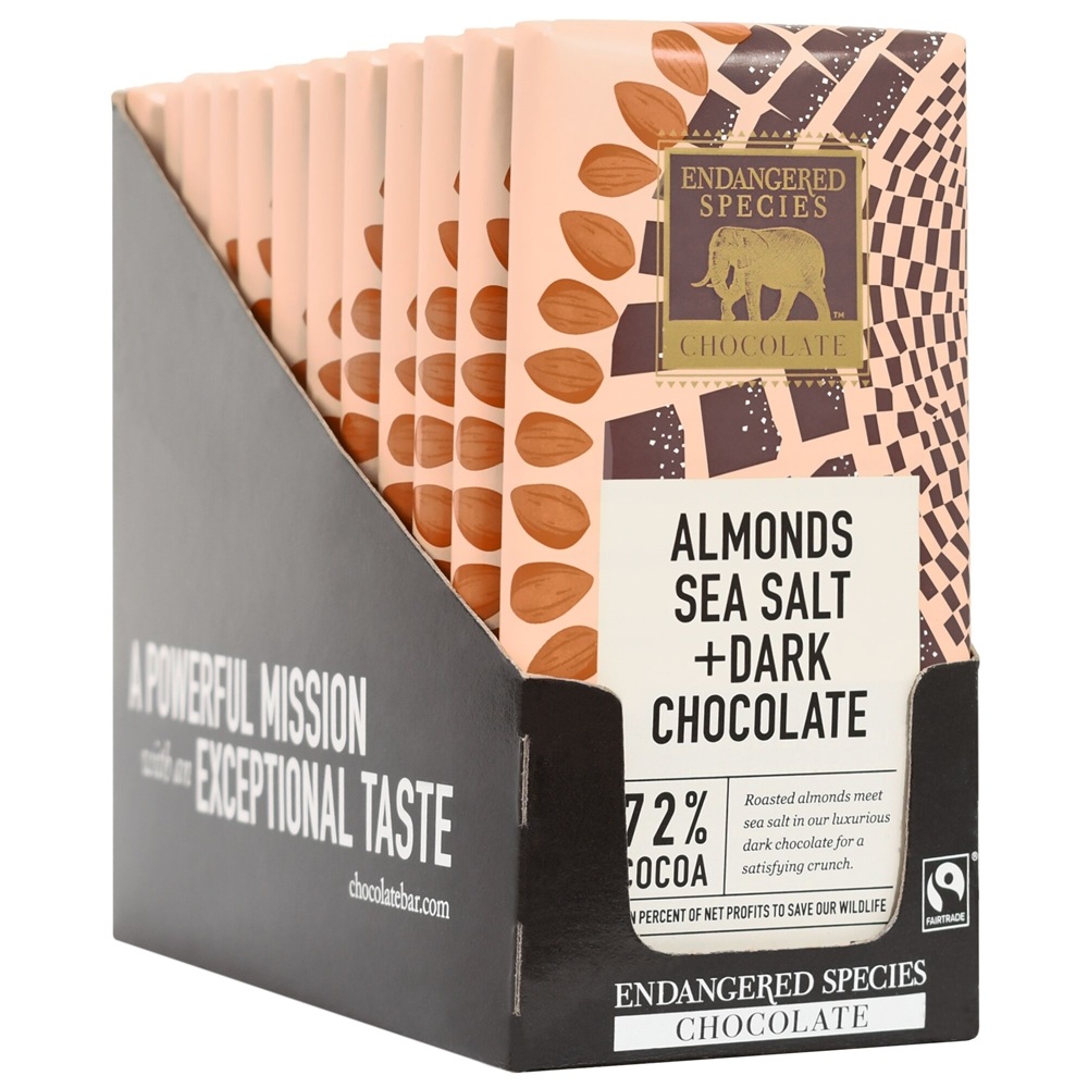 Endangered Species - Dark Chocolate Bars Box 72 Cocoa Almonds Sea Salt - 12 Bars