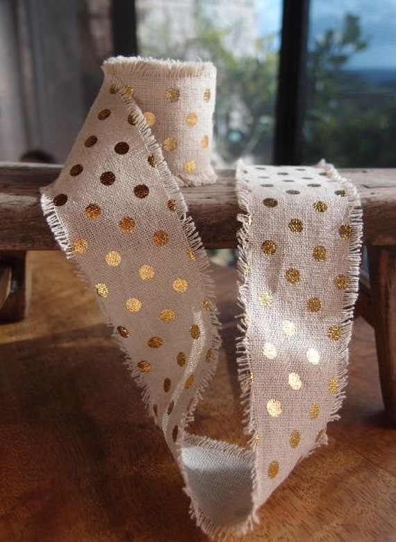 2 X 5Yard Gold Polka Dot Linen Blend Ribbon With Fringe Edges, Polyester Ribbon, For Wreaths, Packaging