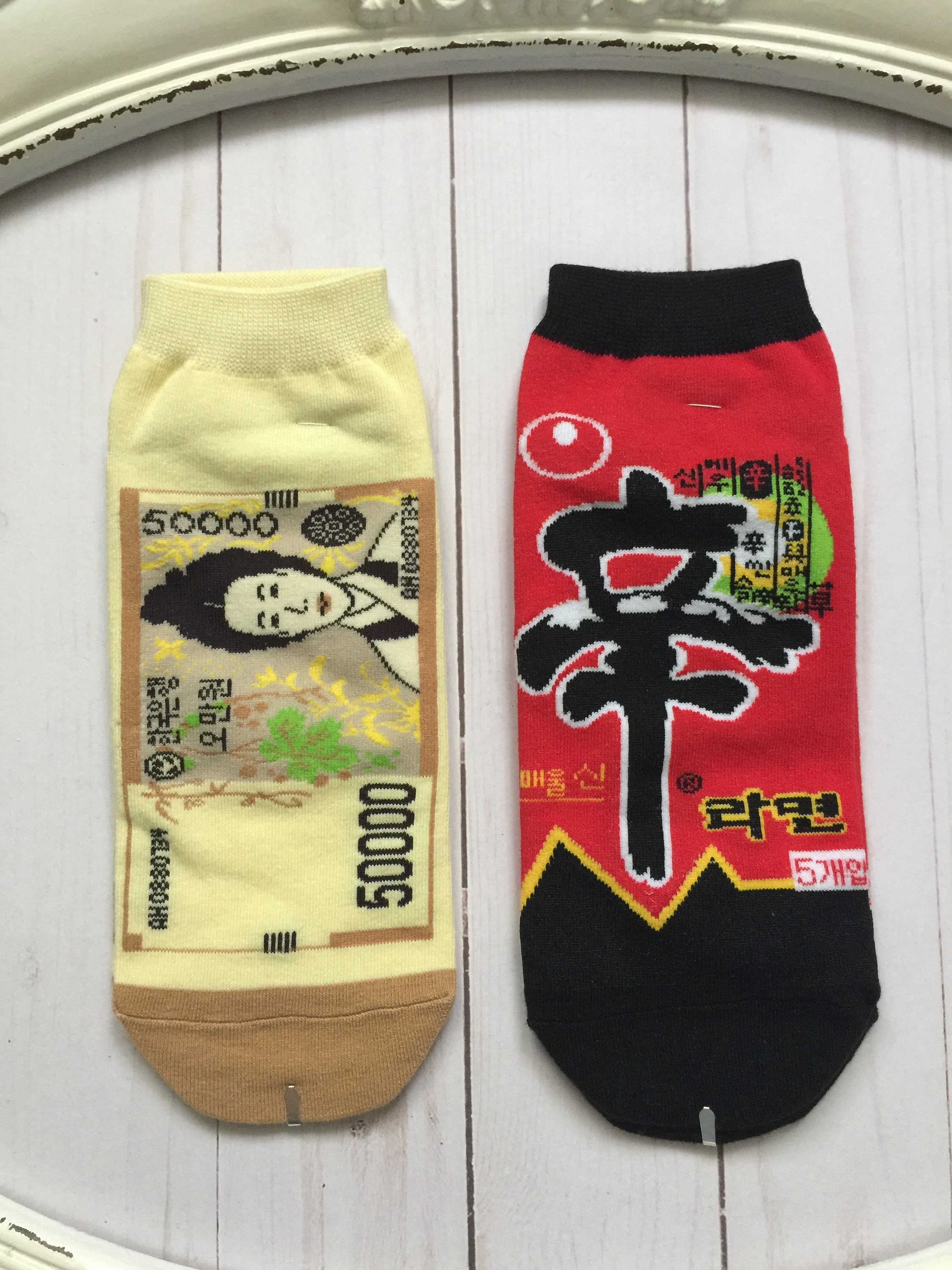 Korean Socks, Fun Ankle Shin Ramen Fast Food Noodles Money Bill, Giftware, Stocking Stuffer, Drama Culture Fans Birthday Gift