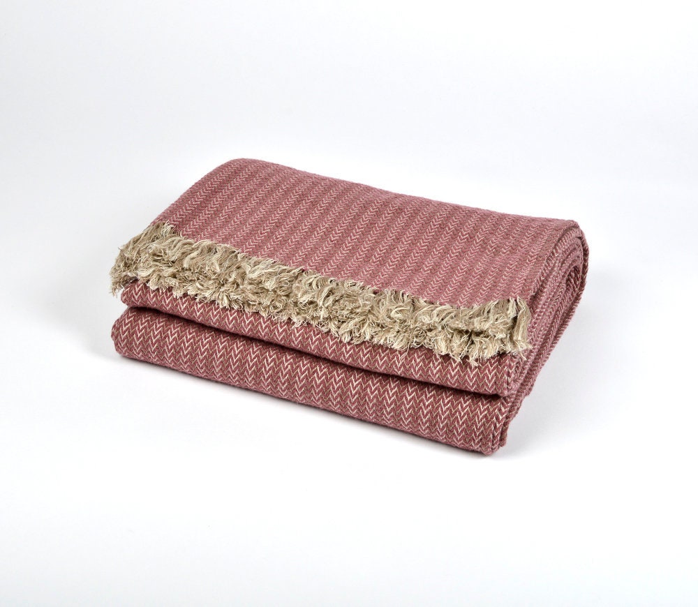 Linen Wool Blend Blanket, Fringed Herringbone Linen Throw, Purple Beige Color Bedspread, Sofa Bed 250 Gsm