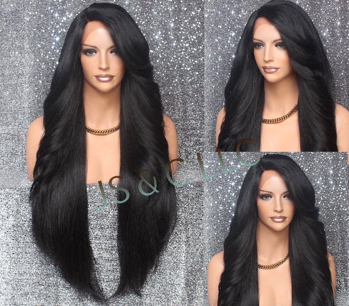 Black Luscious Full Human Hair Blend Lace Front Wig Heat Ok Feathered Sides Long Swept Bangs Natural Side Part Cancer Alopecia Theater