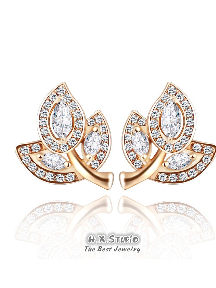 Leaf Stud Earrings, Solid 18K Gold, Genuine Diamond, Fancy Earring, Season Jewelry, Gift Idea, For Her