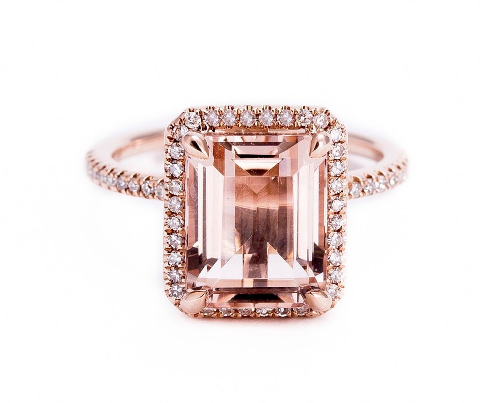 Emerald Cut, Morganite Stone, Rose Gold, Diamond Halo, Engagement Ring
