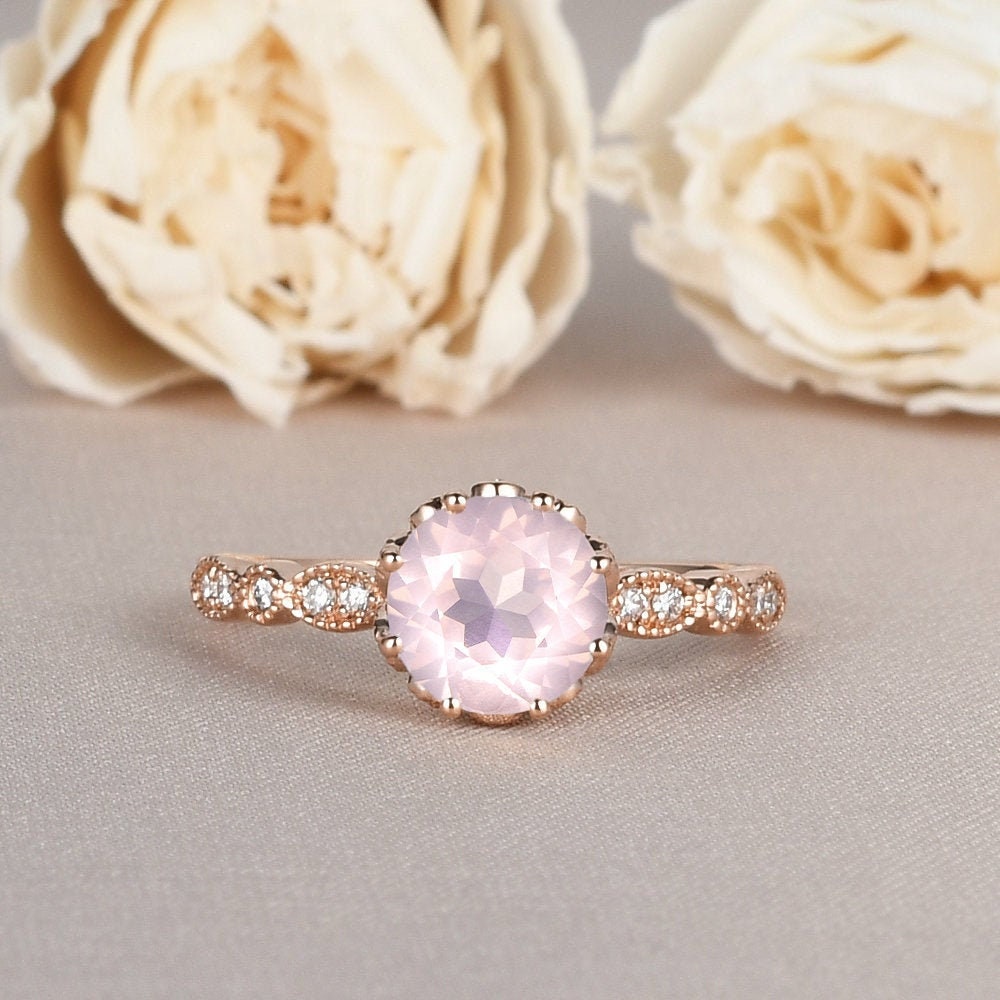 Rose Quartz Engagement Ring Pink Crystal Women Gold Milgrain Half Eternity Diamond Floral Art Deco Anniversary Gift For Her