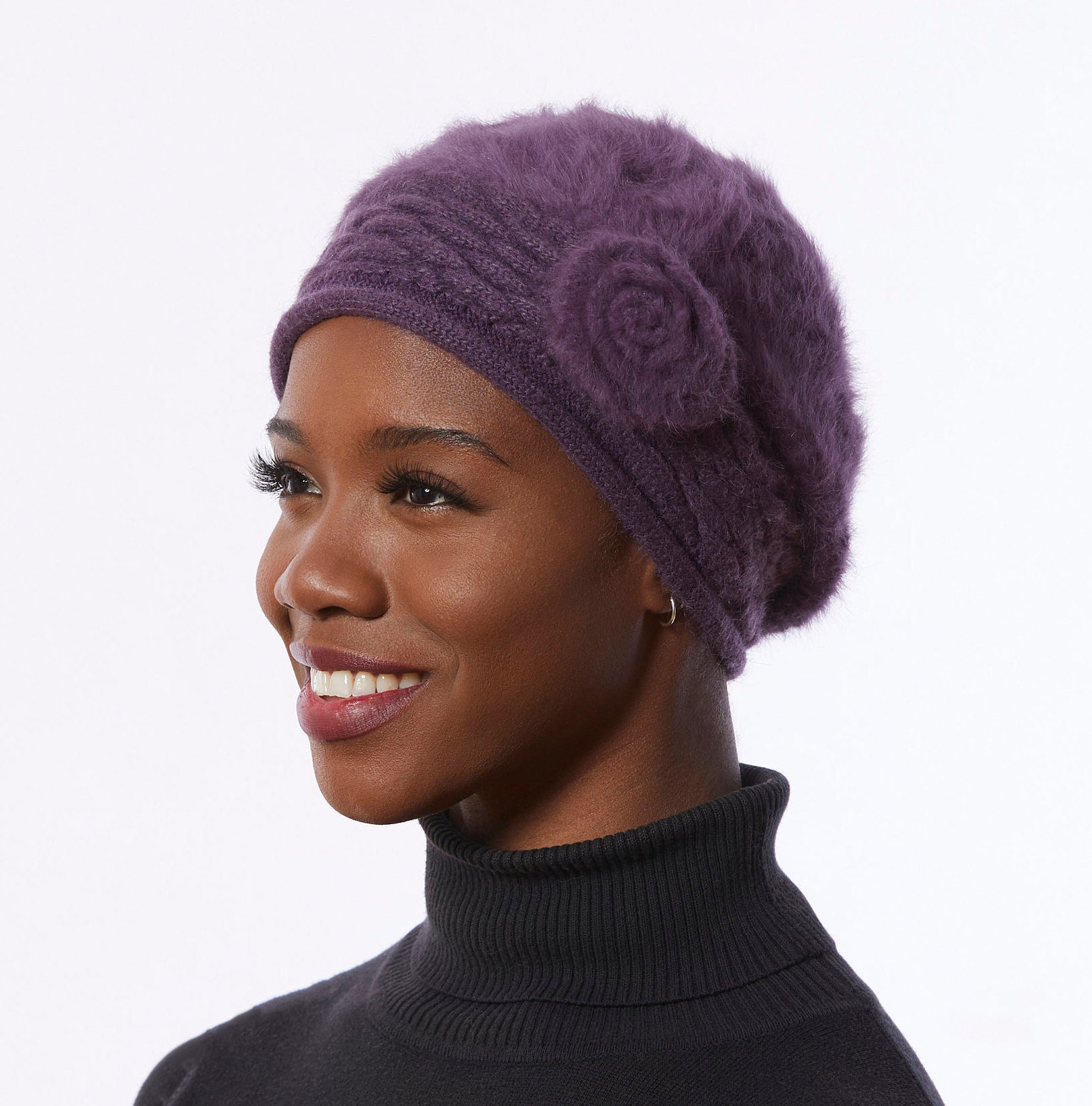 Purple Knit Beret, Angora Wool Blend Beret, Winter Hat With Flower